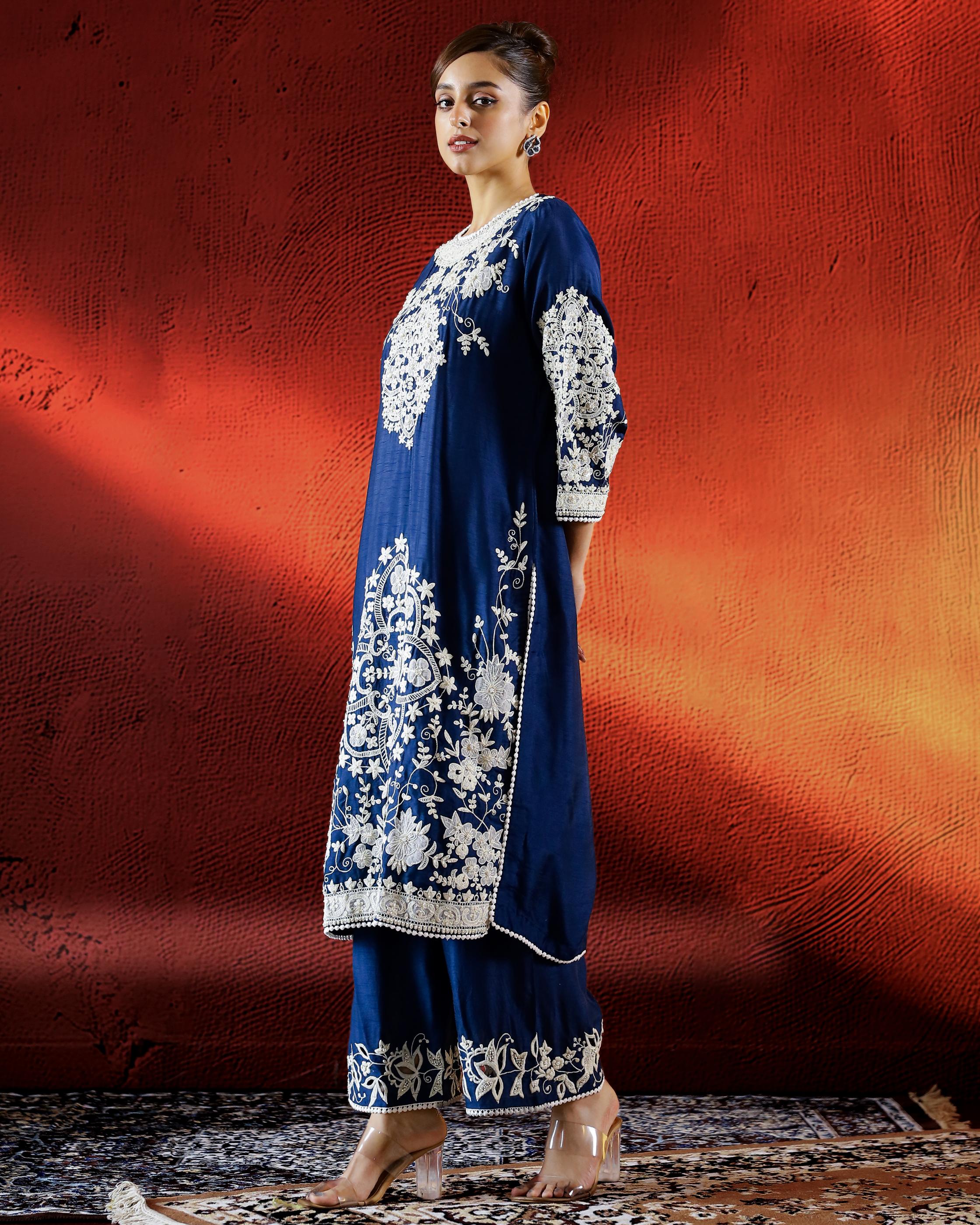 Deep Blue Embroidered Raw Silk Kurta Set