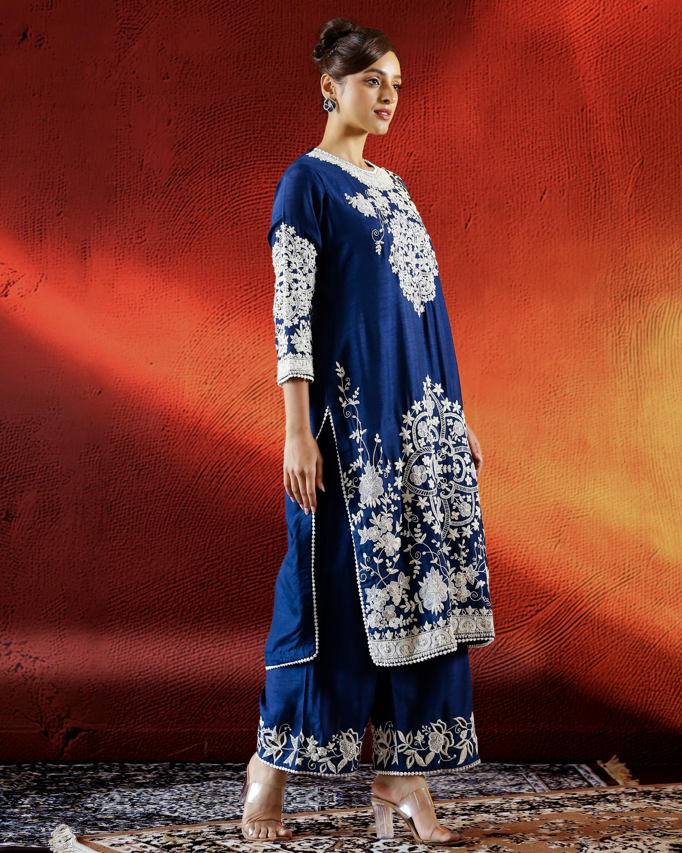 Deep Blue Embroidered Raw Silk Kurta Set