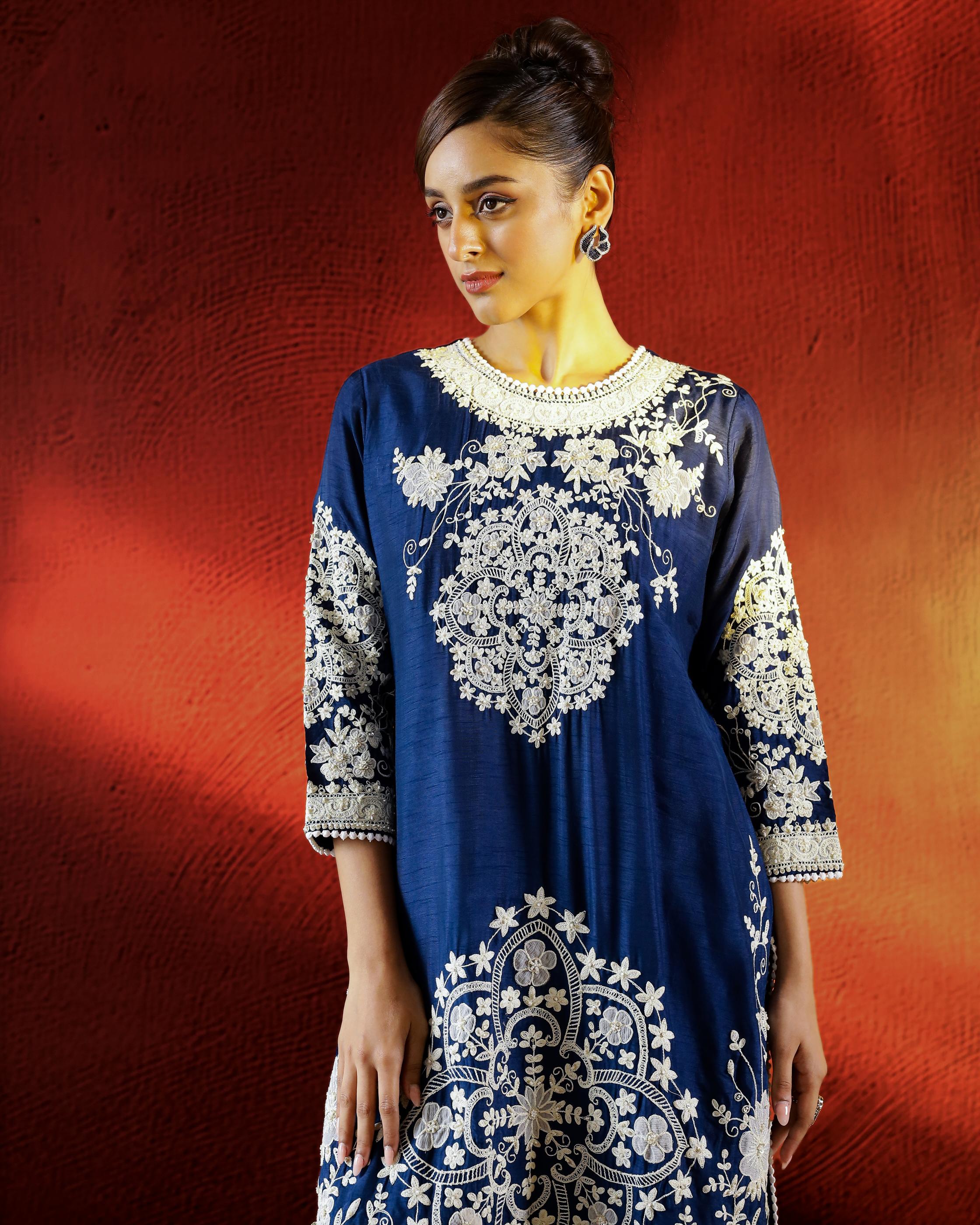 Deep Blue Embroidered Raw Silk Kurta Set