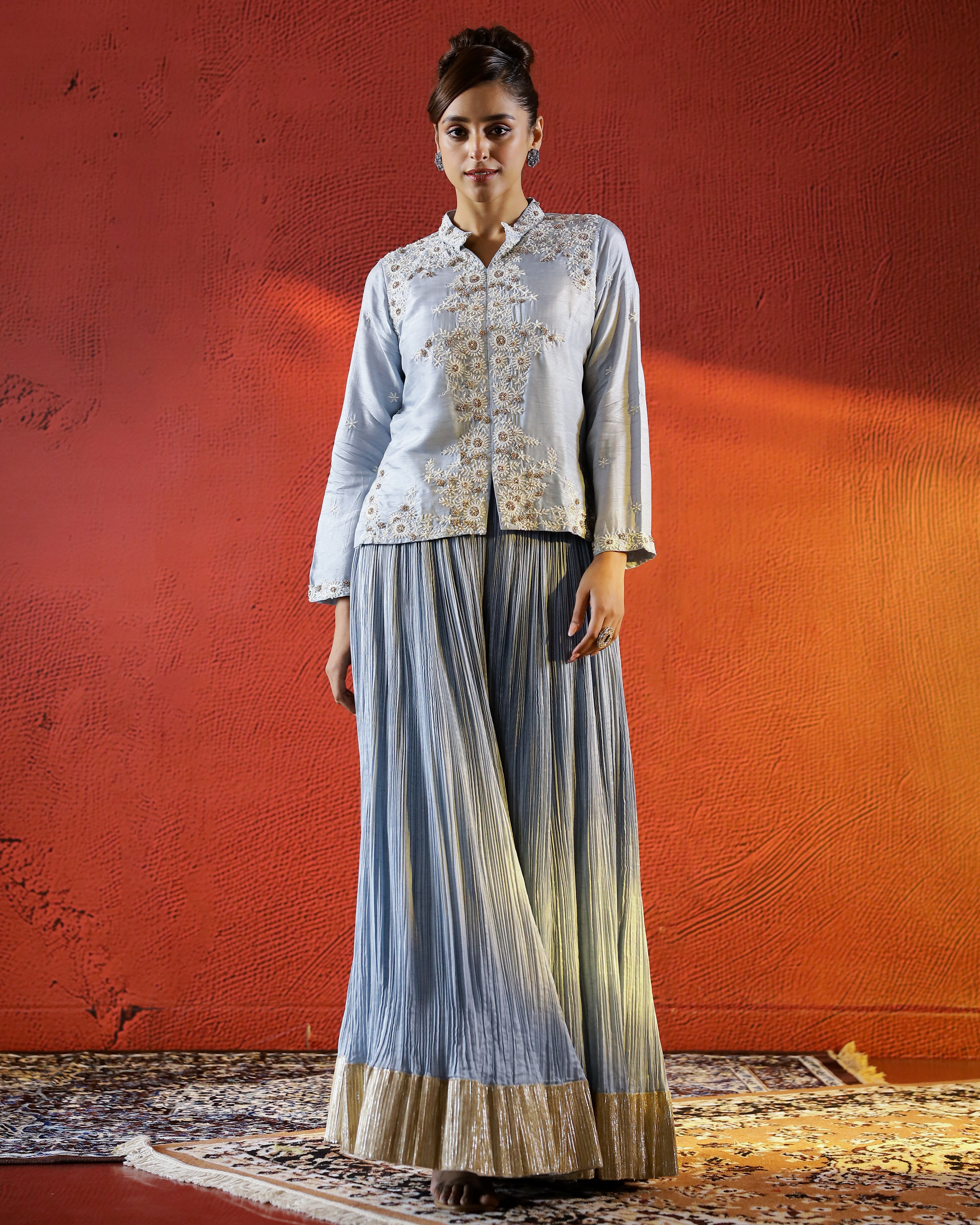 Pastel Blue Embellished Spanish Silk Palazzo Set