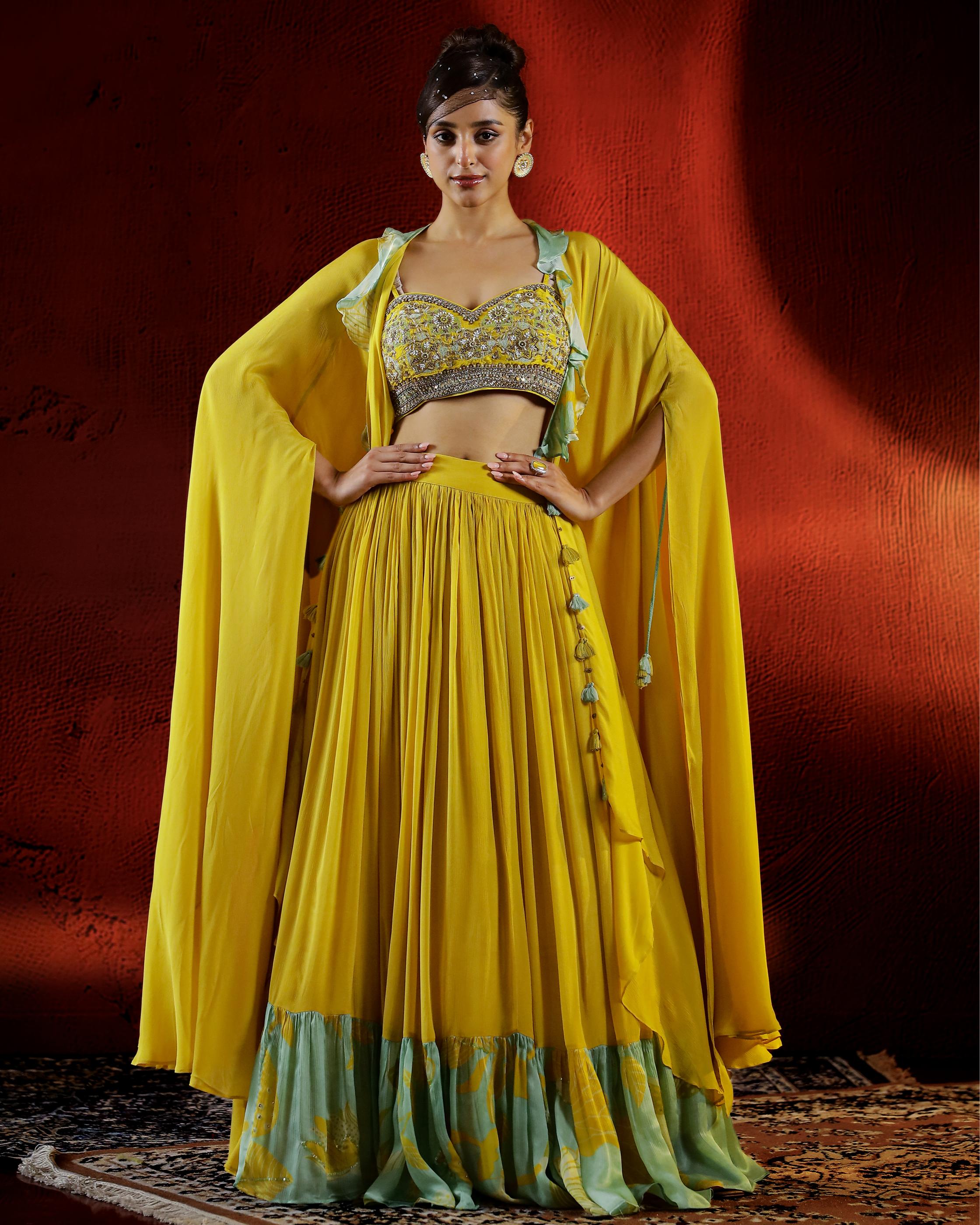 Yellow Embellished Chinon Silk Cape Set