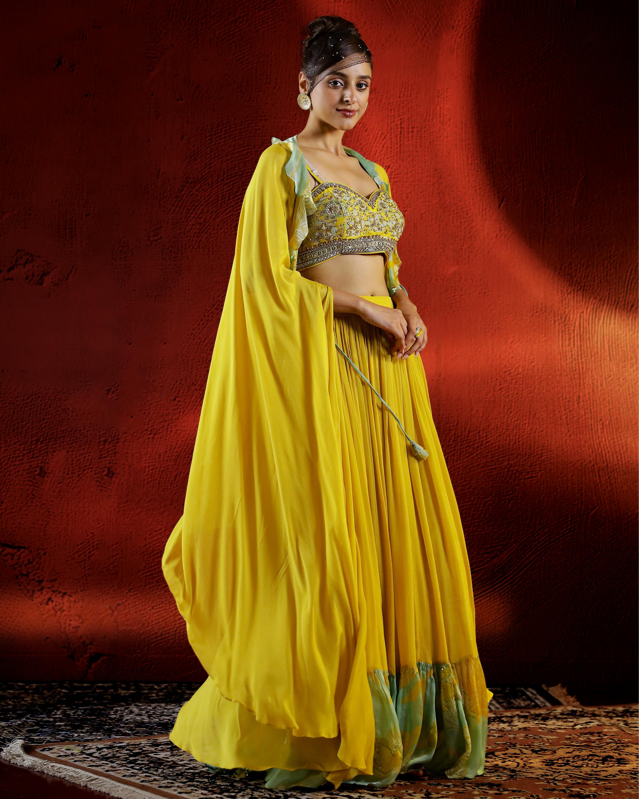 Yellow Embellished Chinon Silk Cape Set