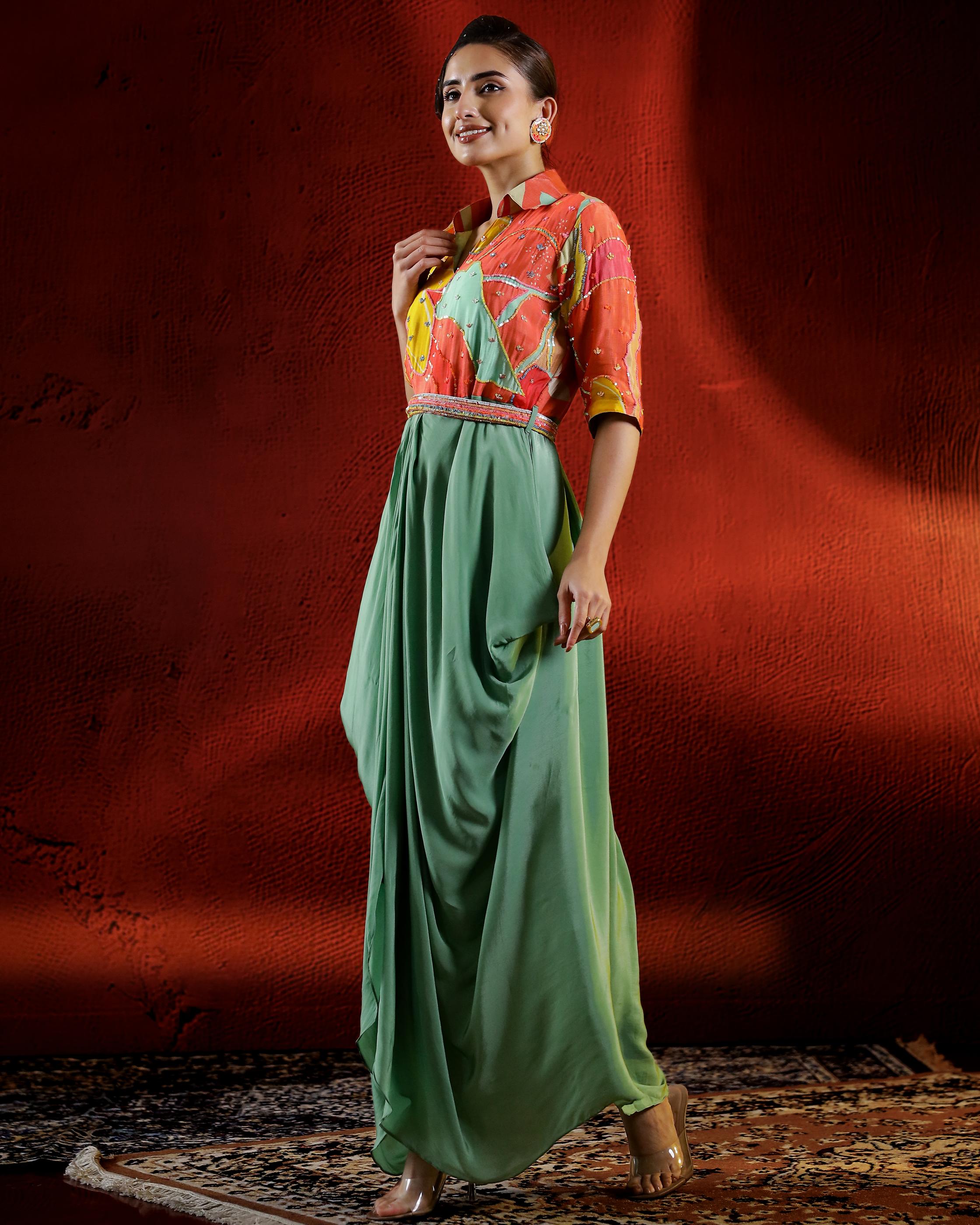 Slate Green Digital Printed Habutai Silk Cowl Gown