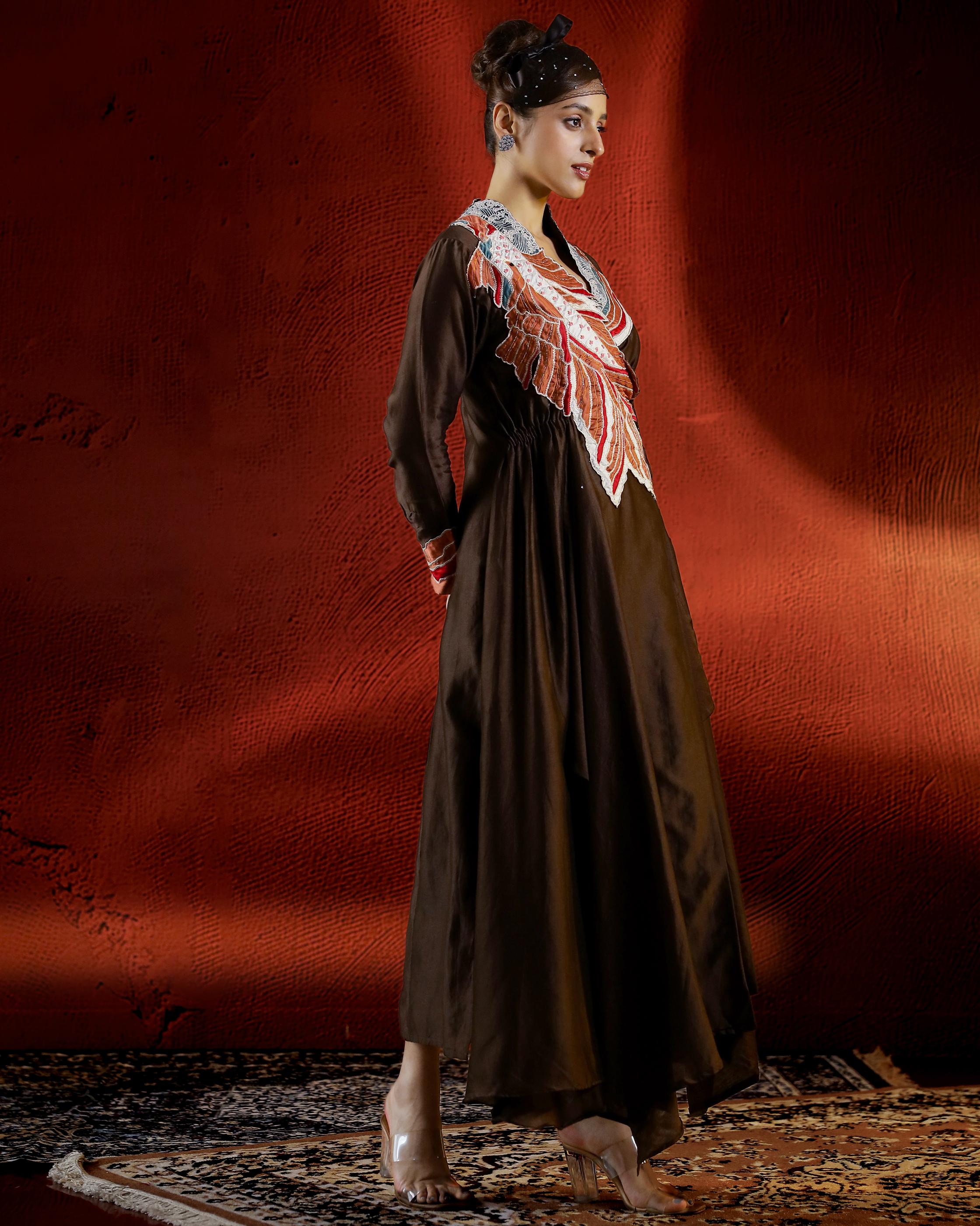 Brown Embroidered Raw Silk Tunic with Pants