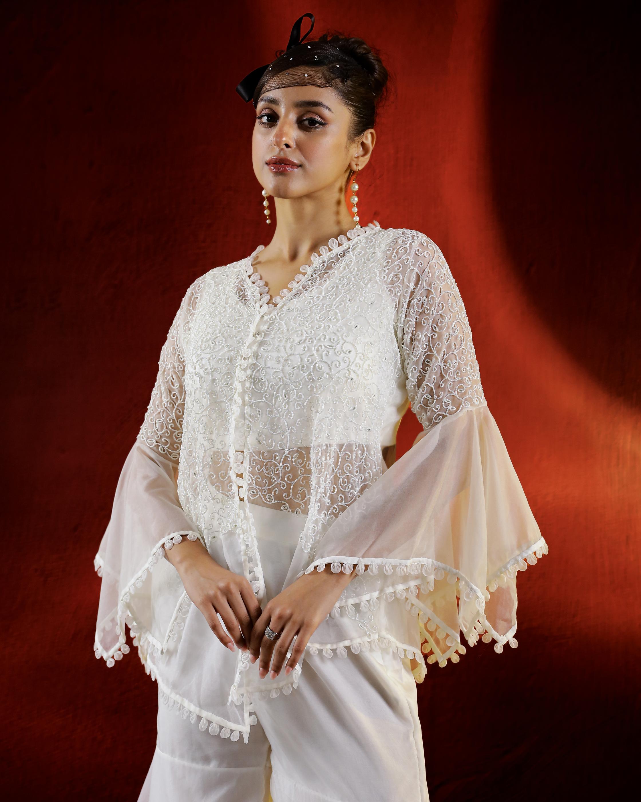 Ivory Embellished Organza Silk Sharara Set