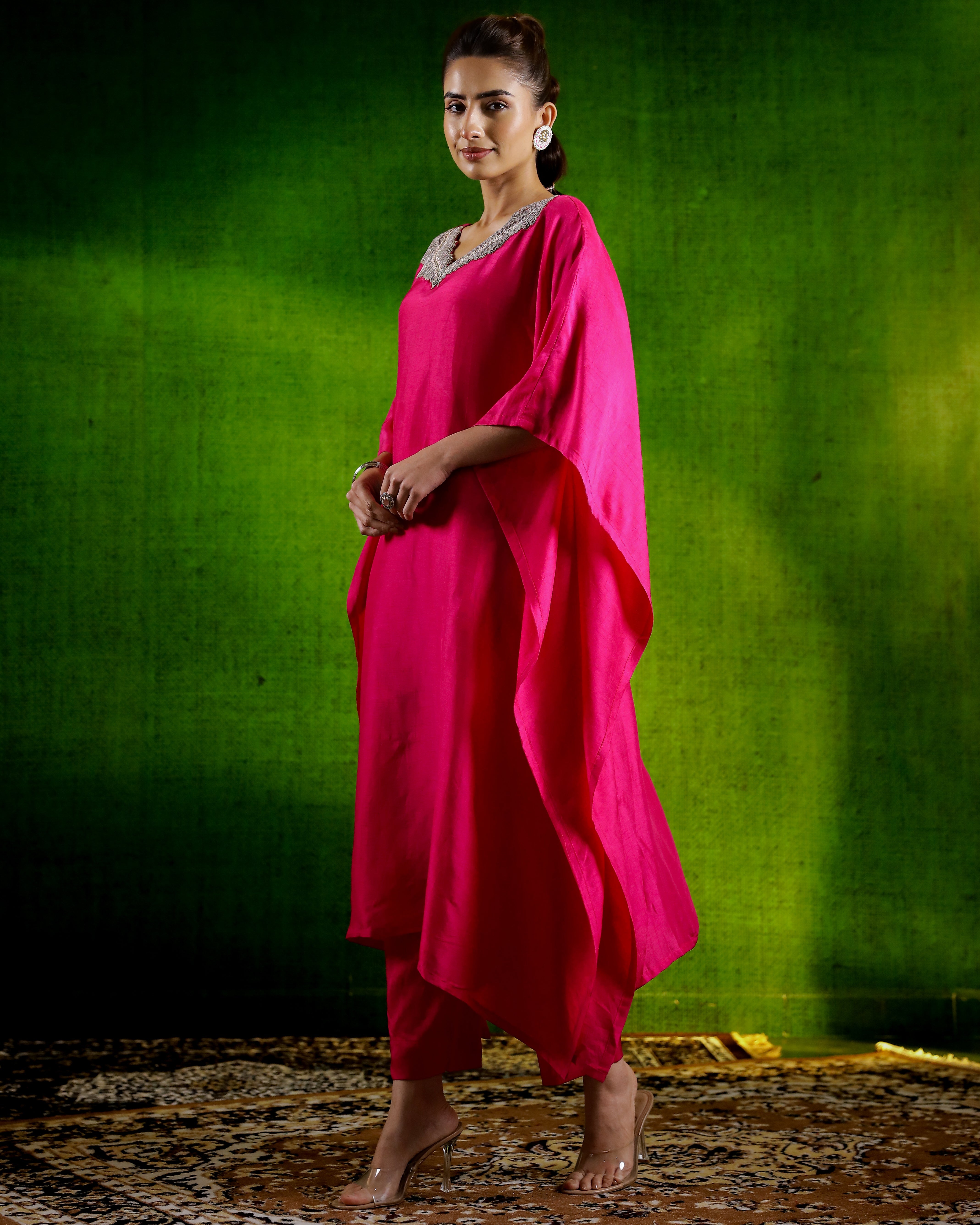 Rani Pink Embellished Premium Silk Kaftan Set