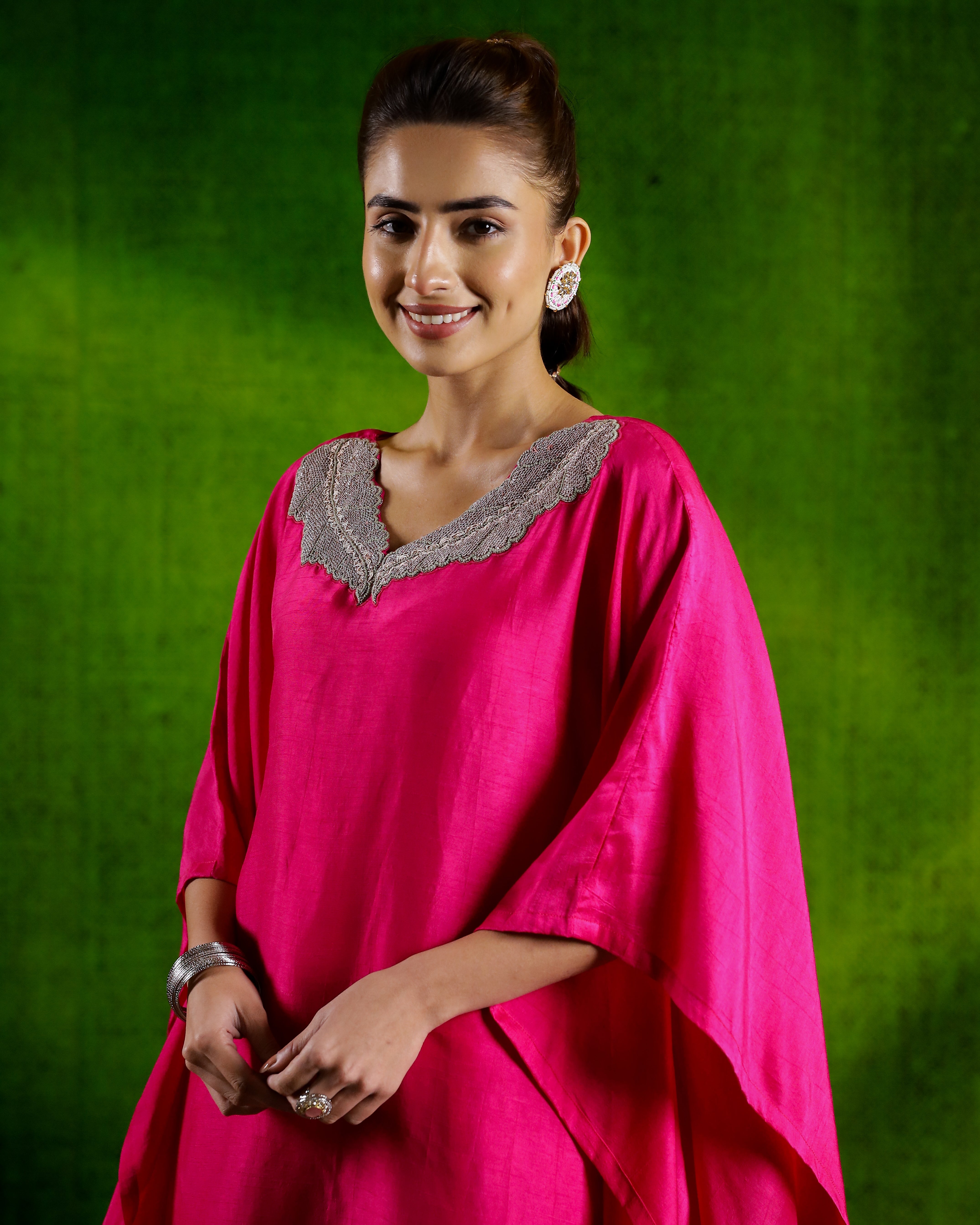 Rani Pink Embellished Premium Silk Kaftan Set