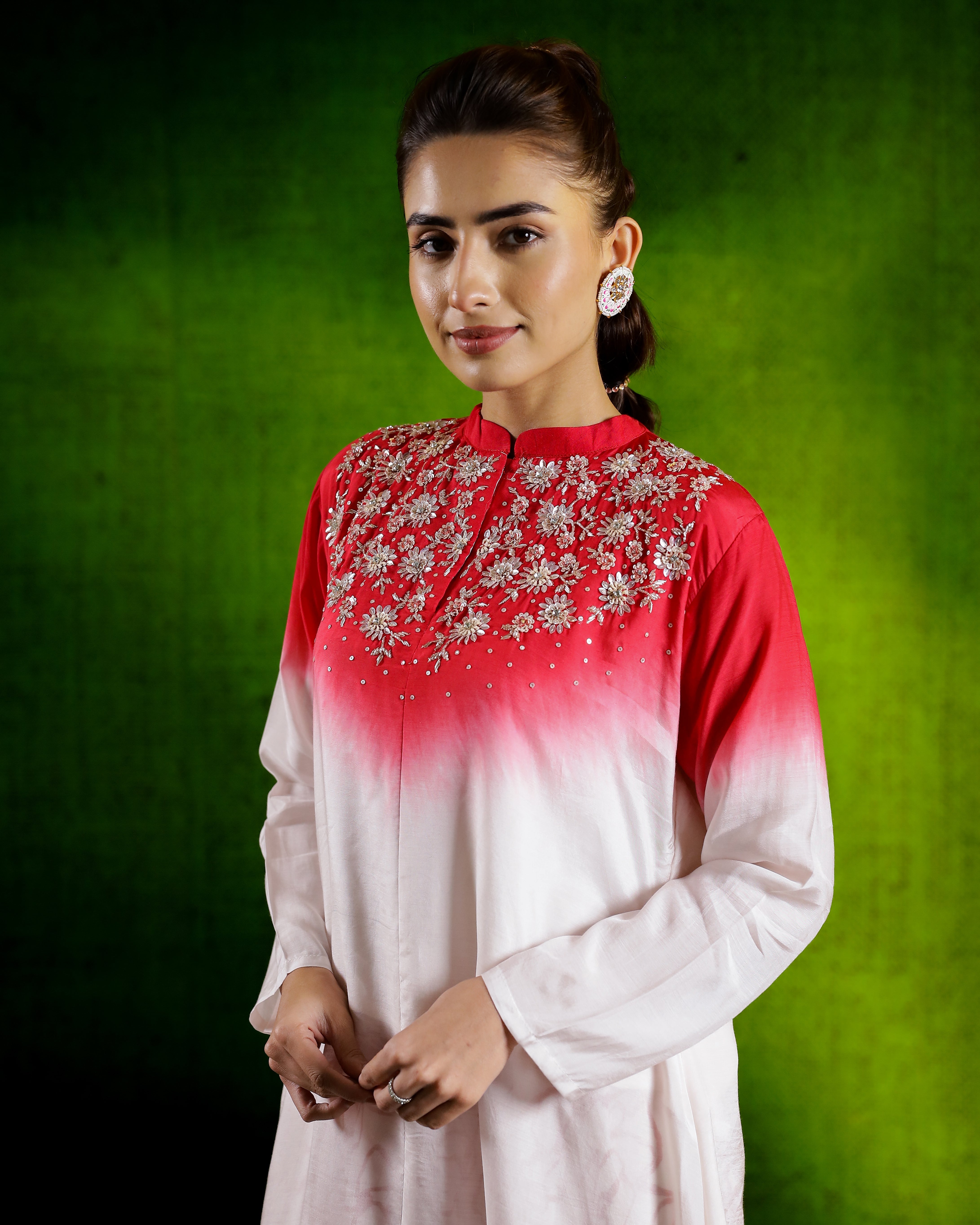 Red Ombre-Dyed Satin Silk Kurta & Cowl Pants Set