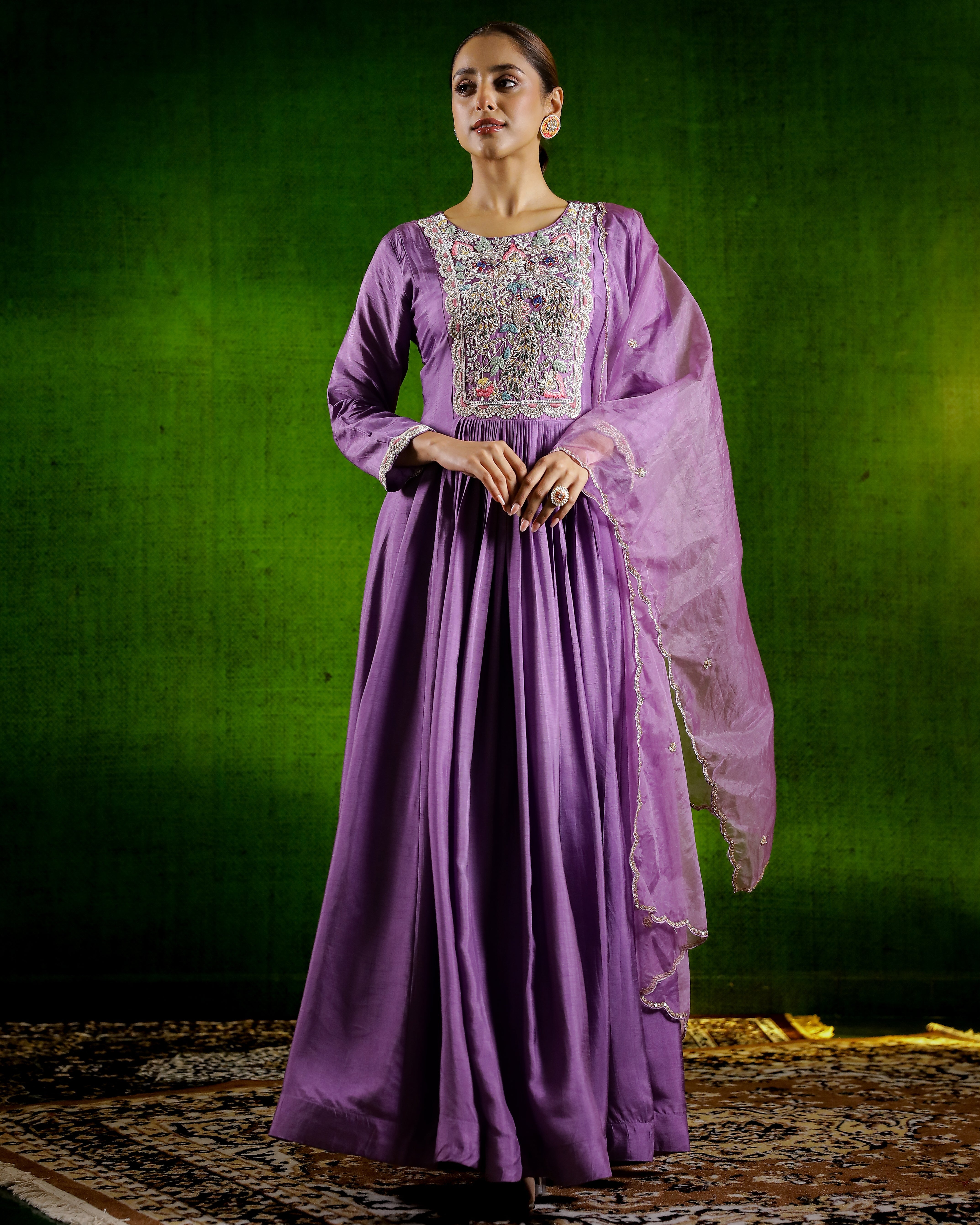 Mauve Embroidered & Flared Raw Silk Anarkali Set