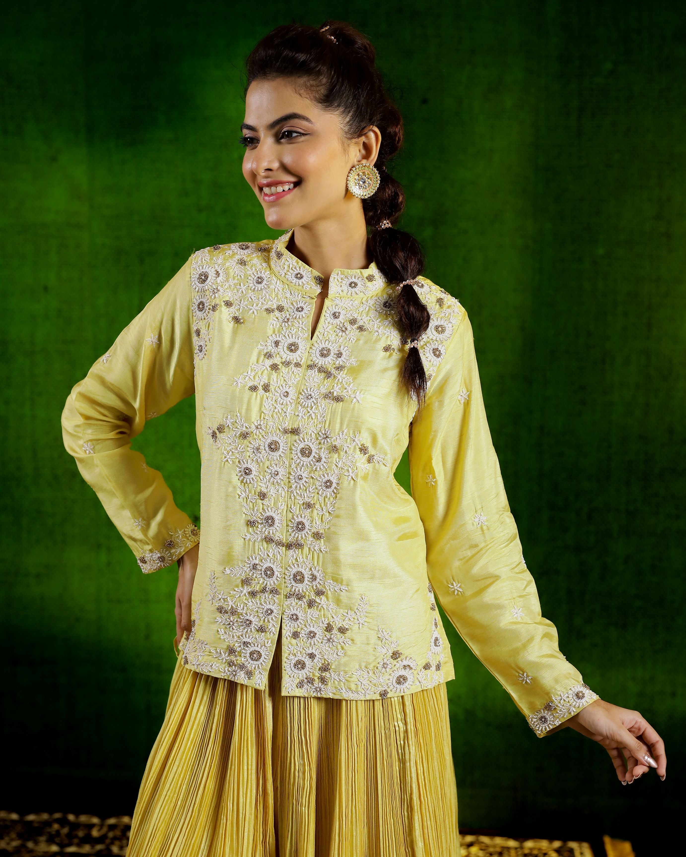 Lime Yellow Embellished Spanish Silk Palazzo Set