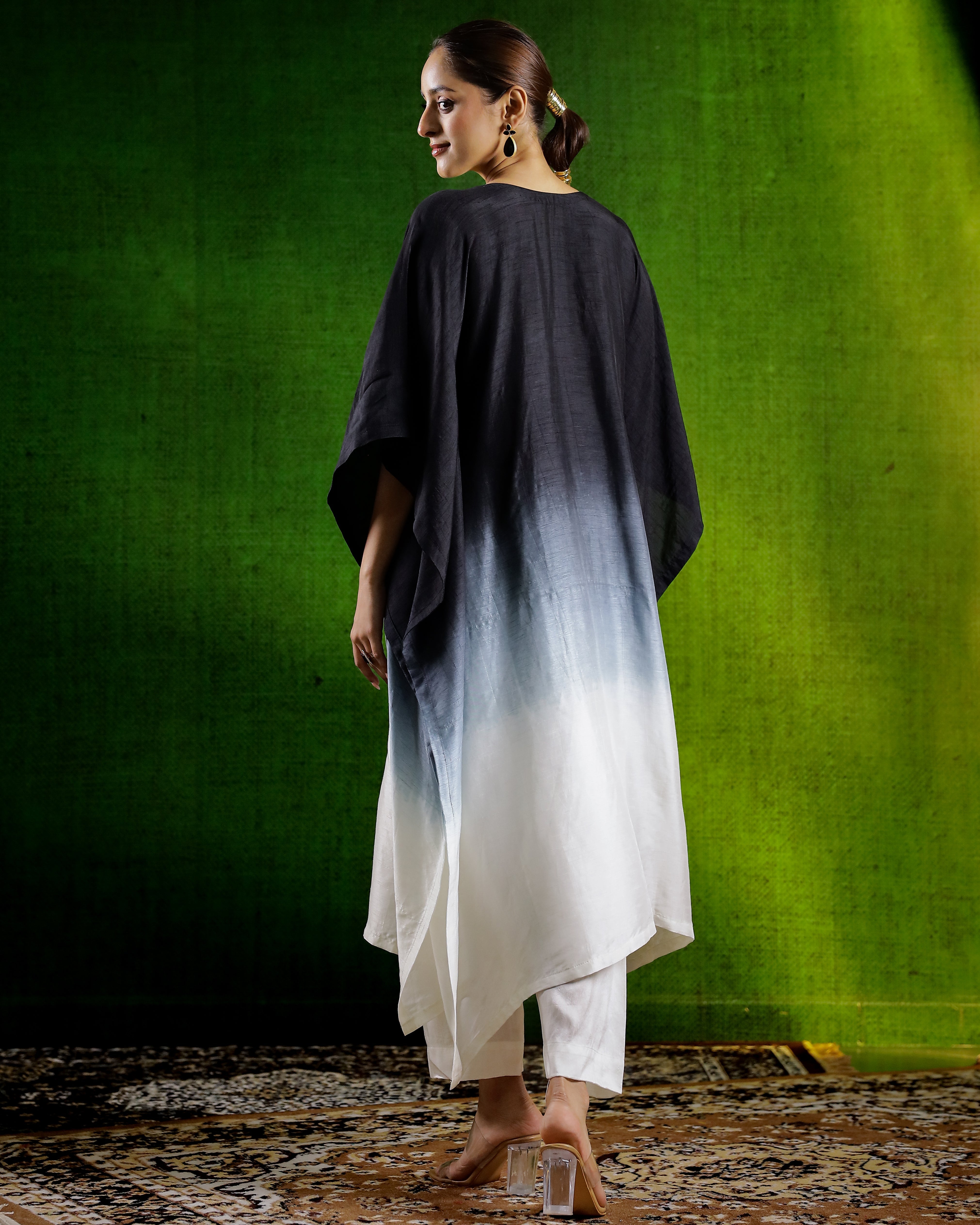 Black Embellished Raw Silk Kaftan Set