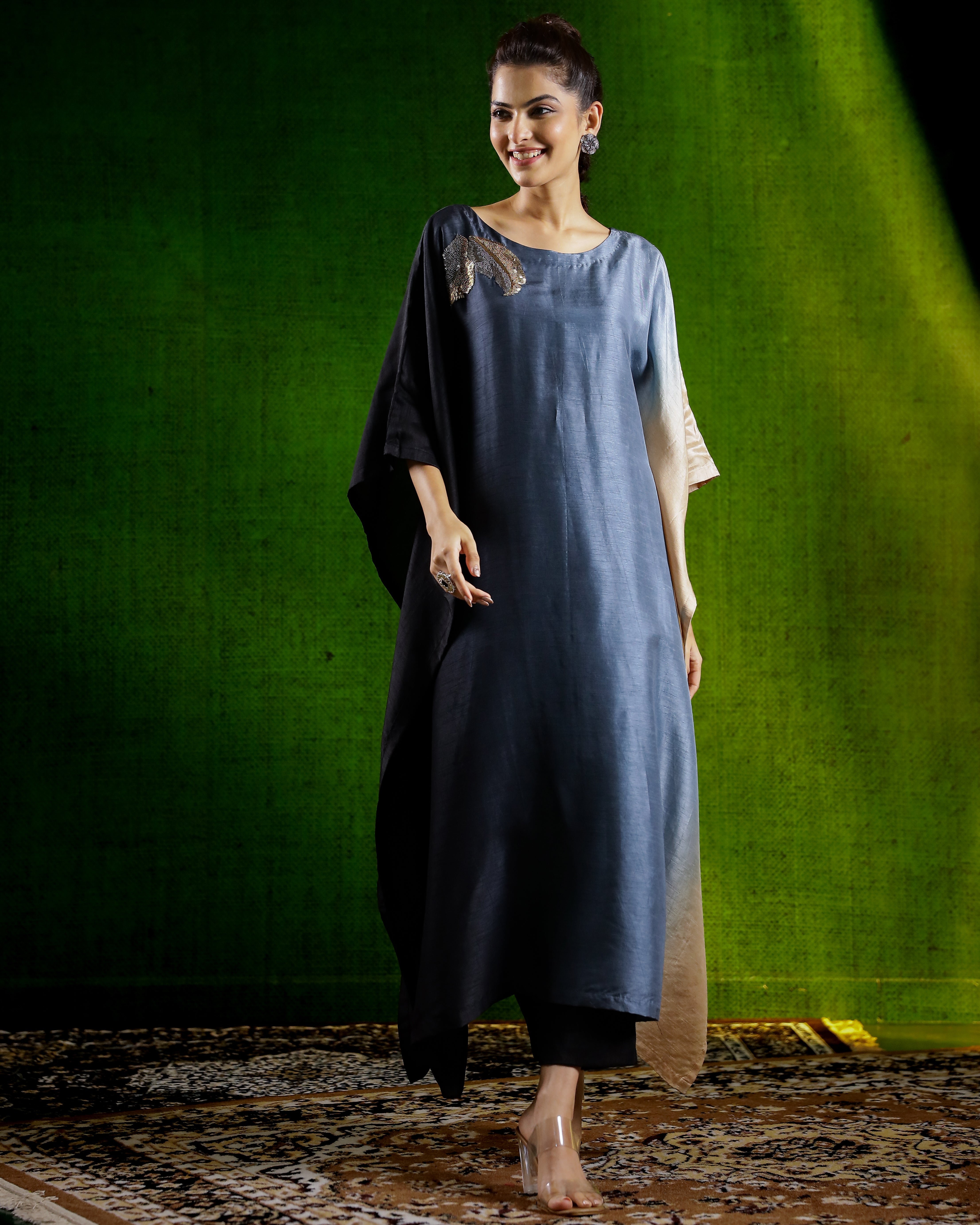 Black Ombre-Dyed Raw Silk Kaftan Set