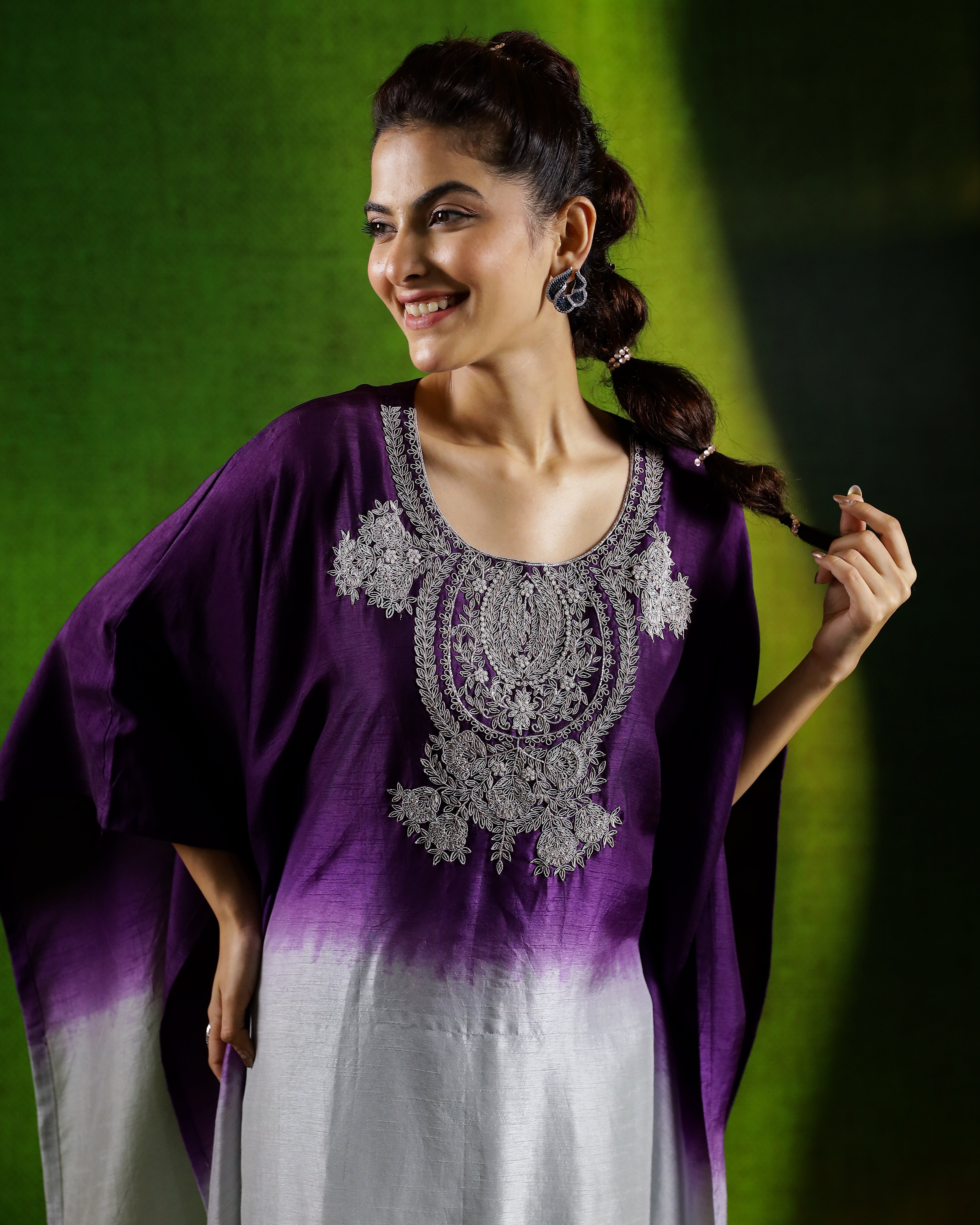 Purple Embellished Raw Silk Kaftan Set