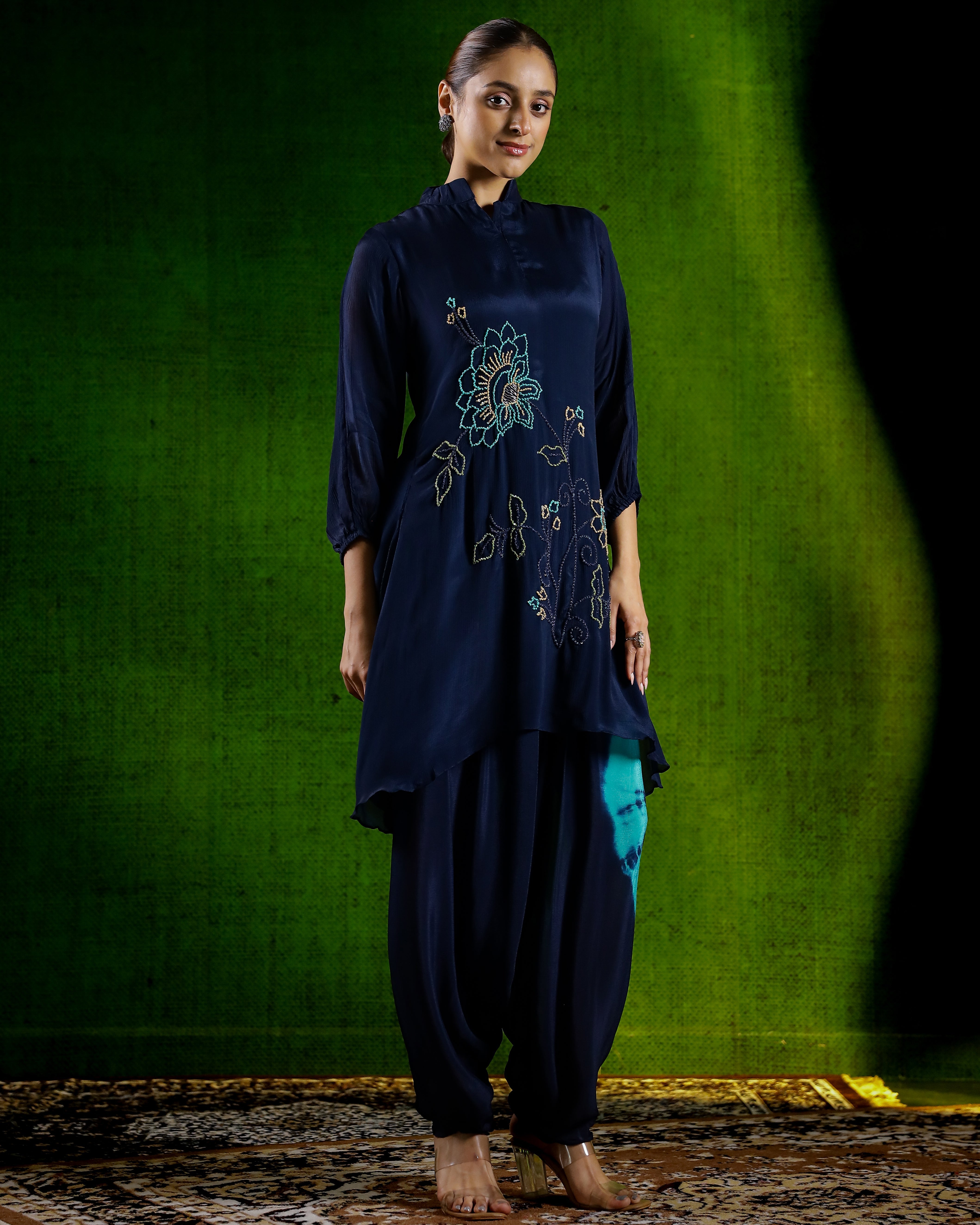 Deep Blue Tie & Dye Chinon Silk Kurta Set