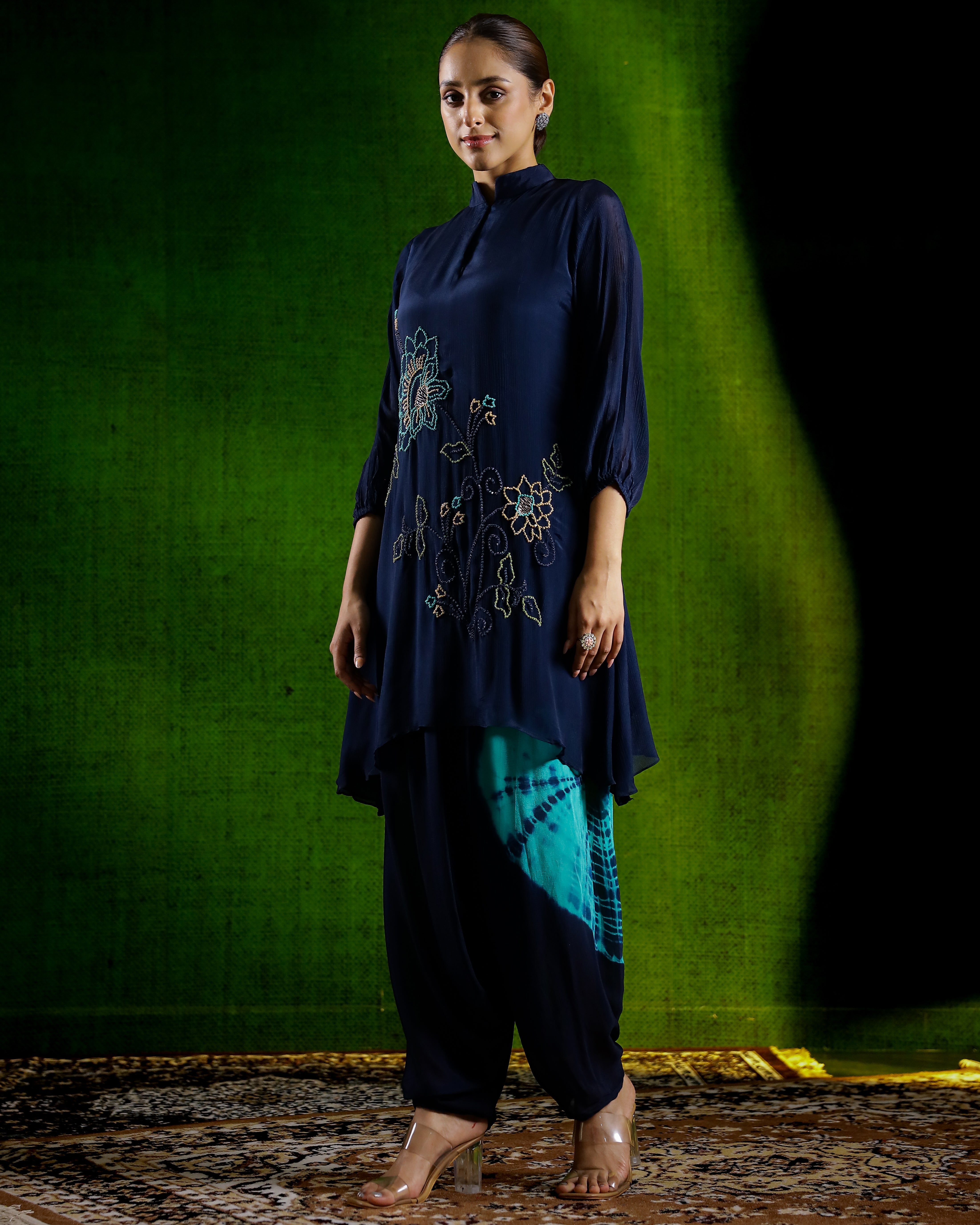 Deep Blue Tie & Dye Chinon Silk Kurta Set