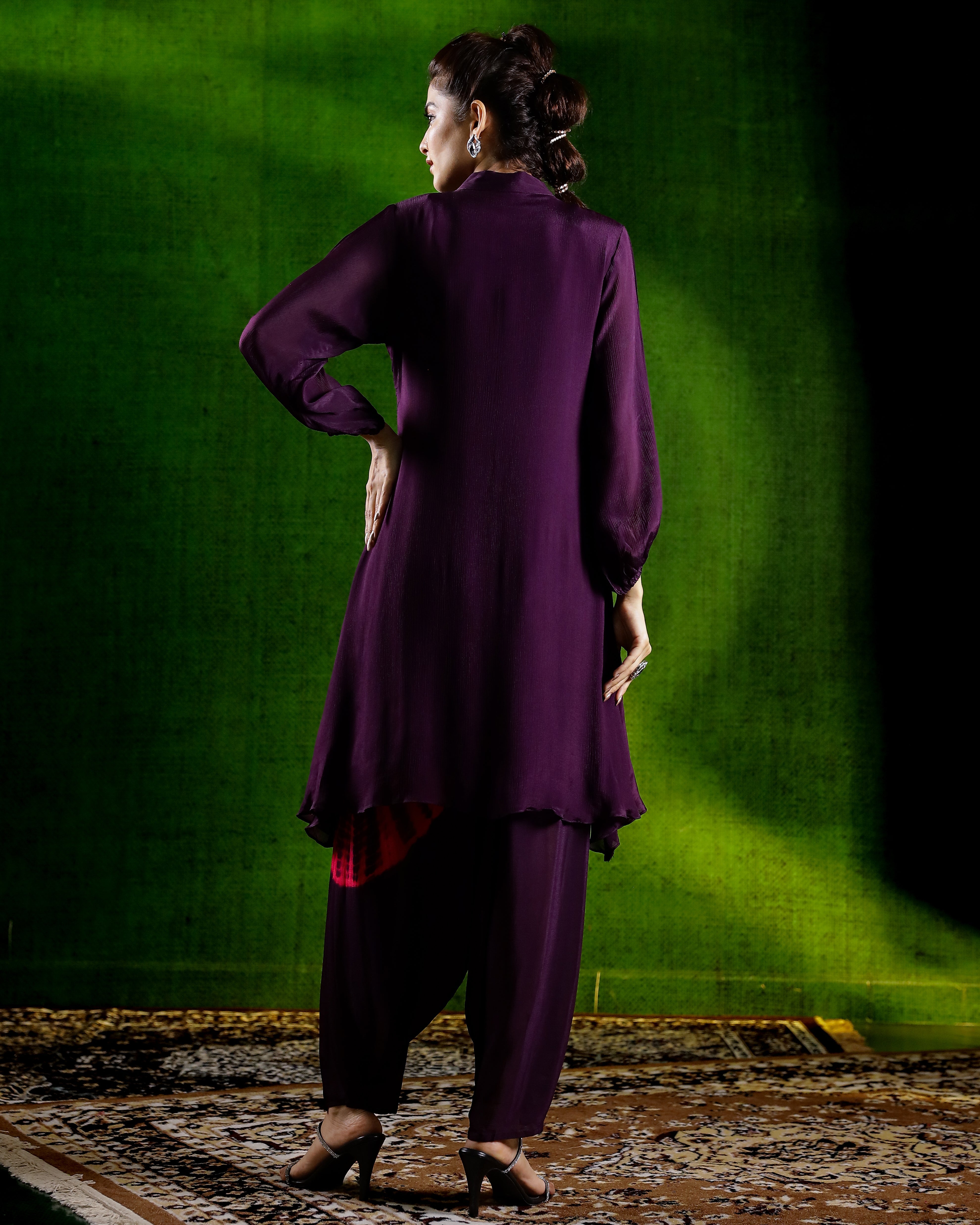 Deep Purple Tie & Dye Chinon Silk Kurta Set