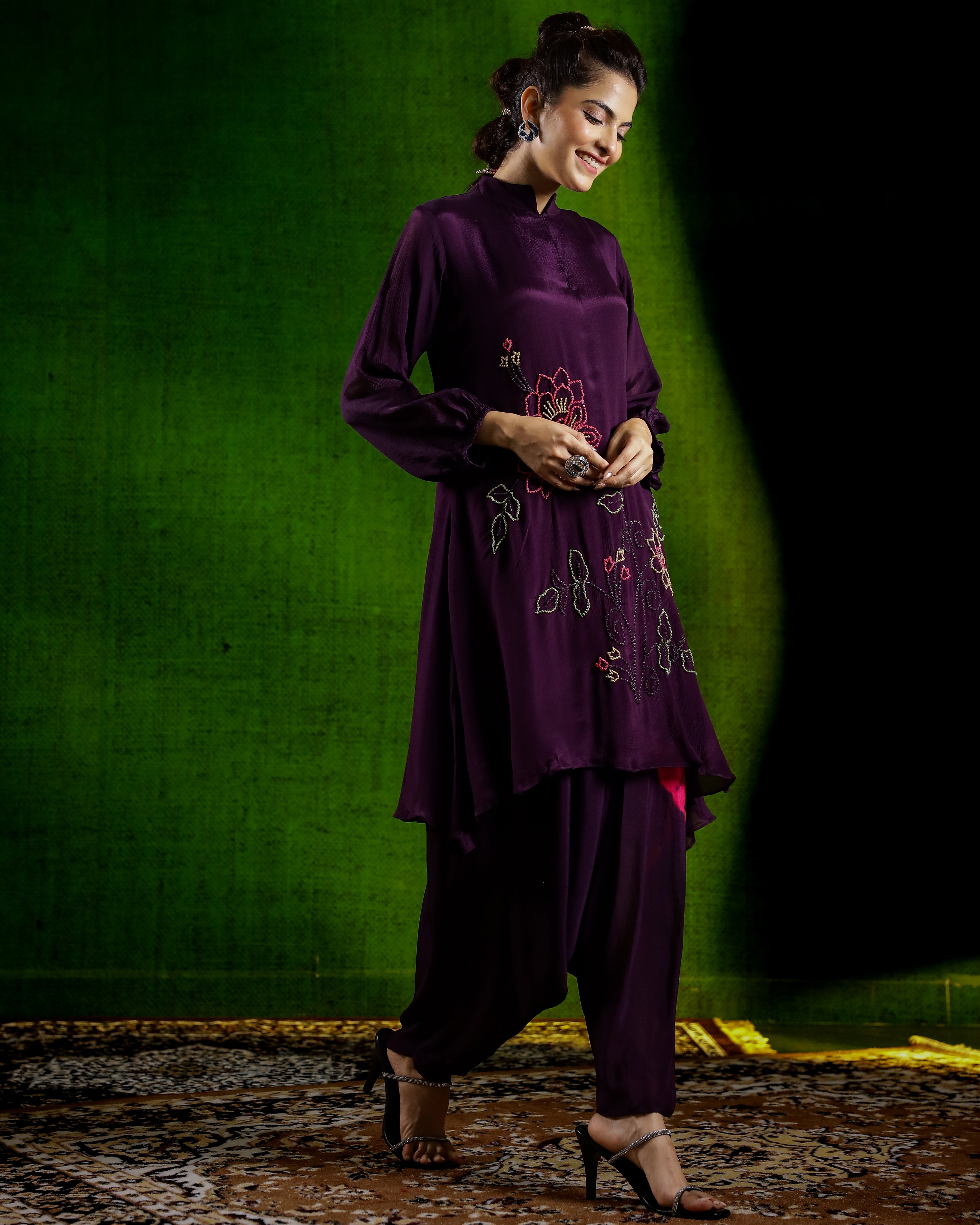 Deep Purple Tie & Dye Chinon Silk Kurta Set