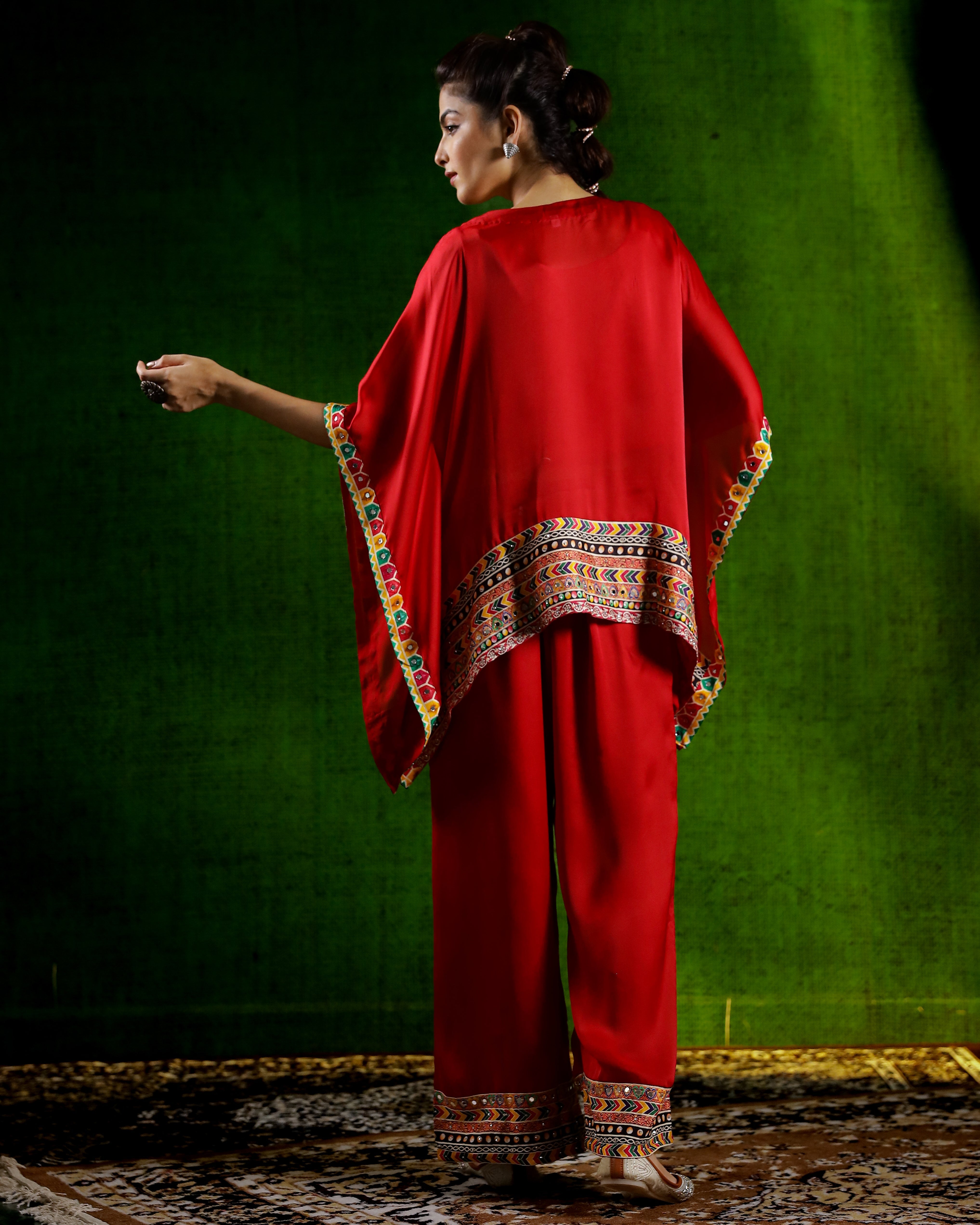 Red Embroidered Crepe Silk Kaftan Set