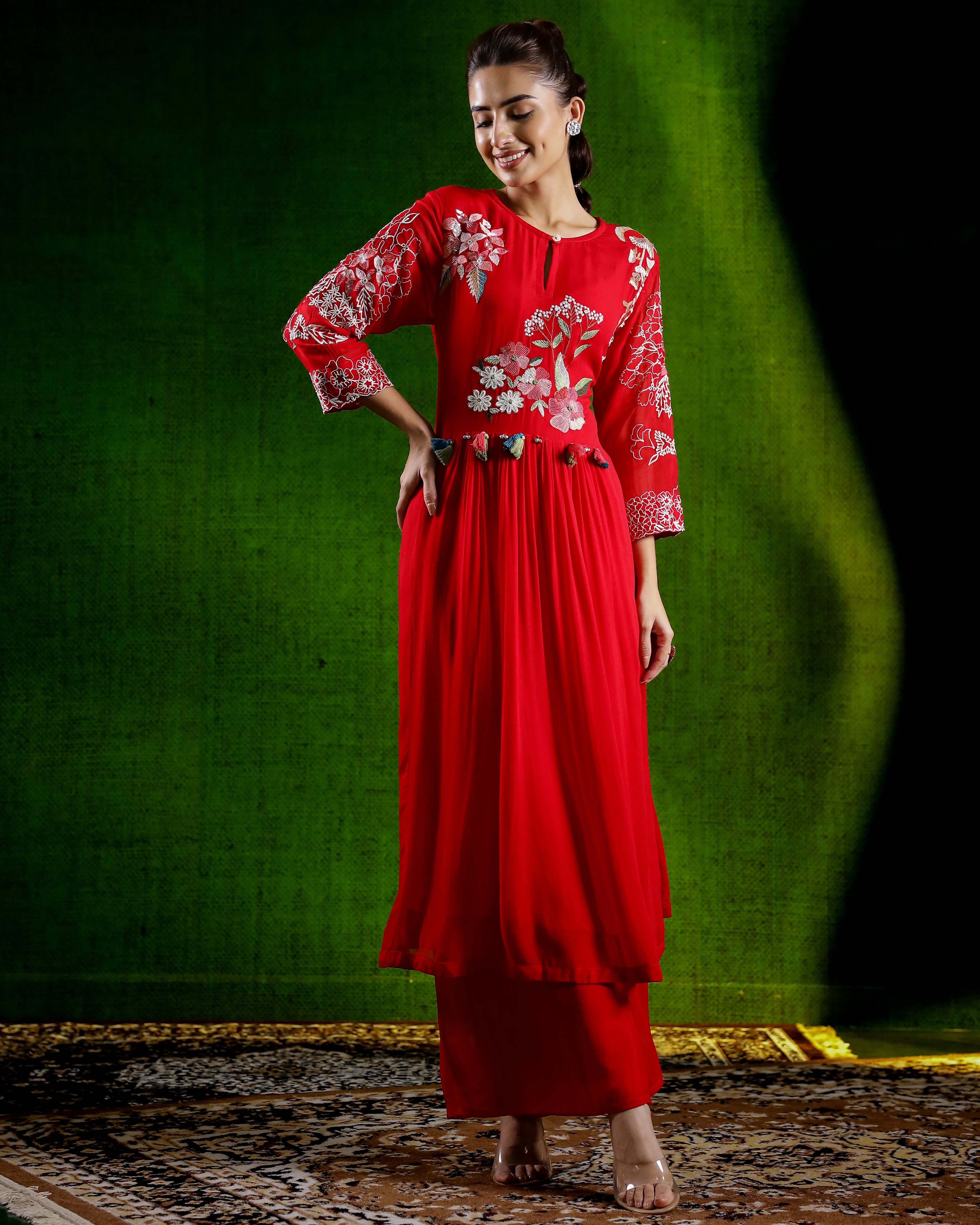 Hot Red Embroidered Silk Palazzo Set