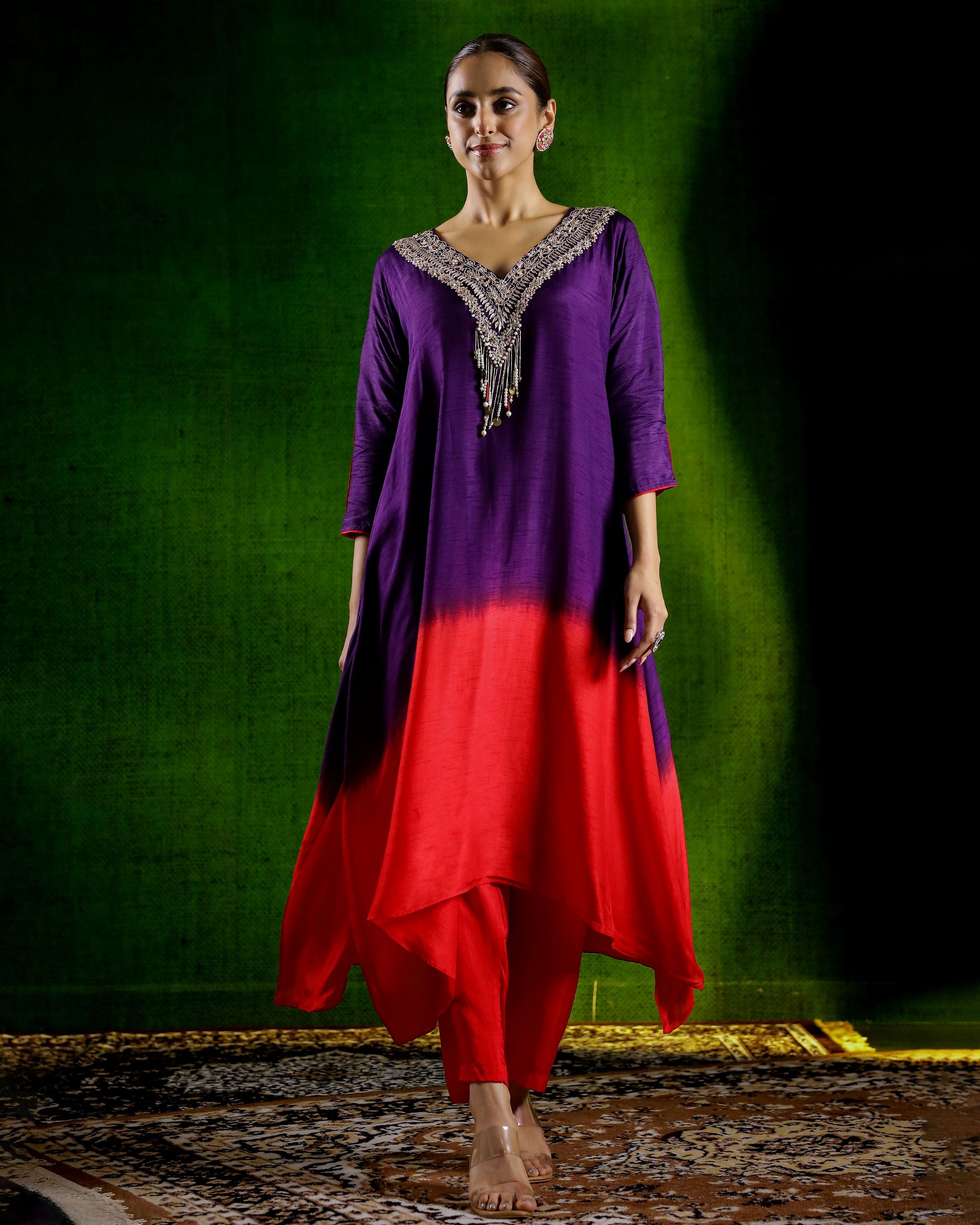 Purple Embellished Raw Silk Kurta Set