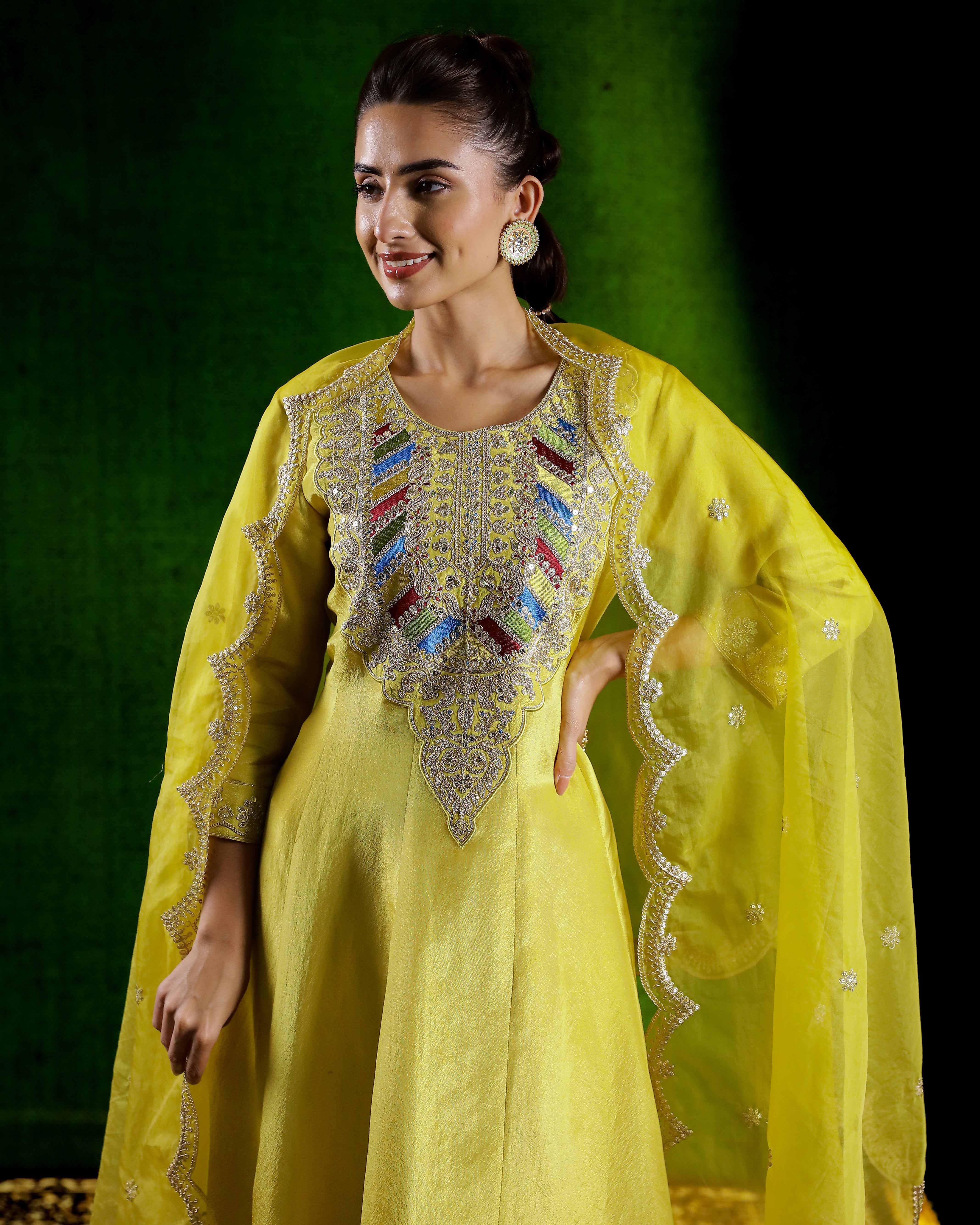 Yellow Embellished Tissue Silk Kurta Set