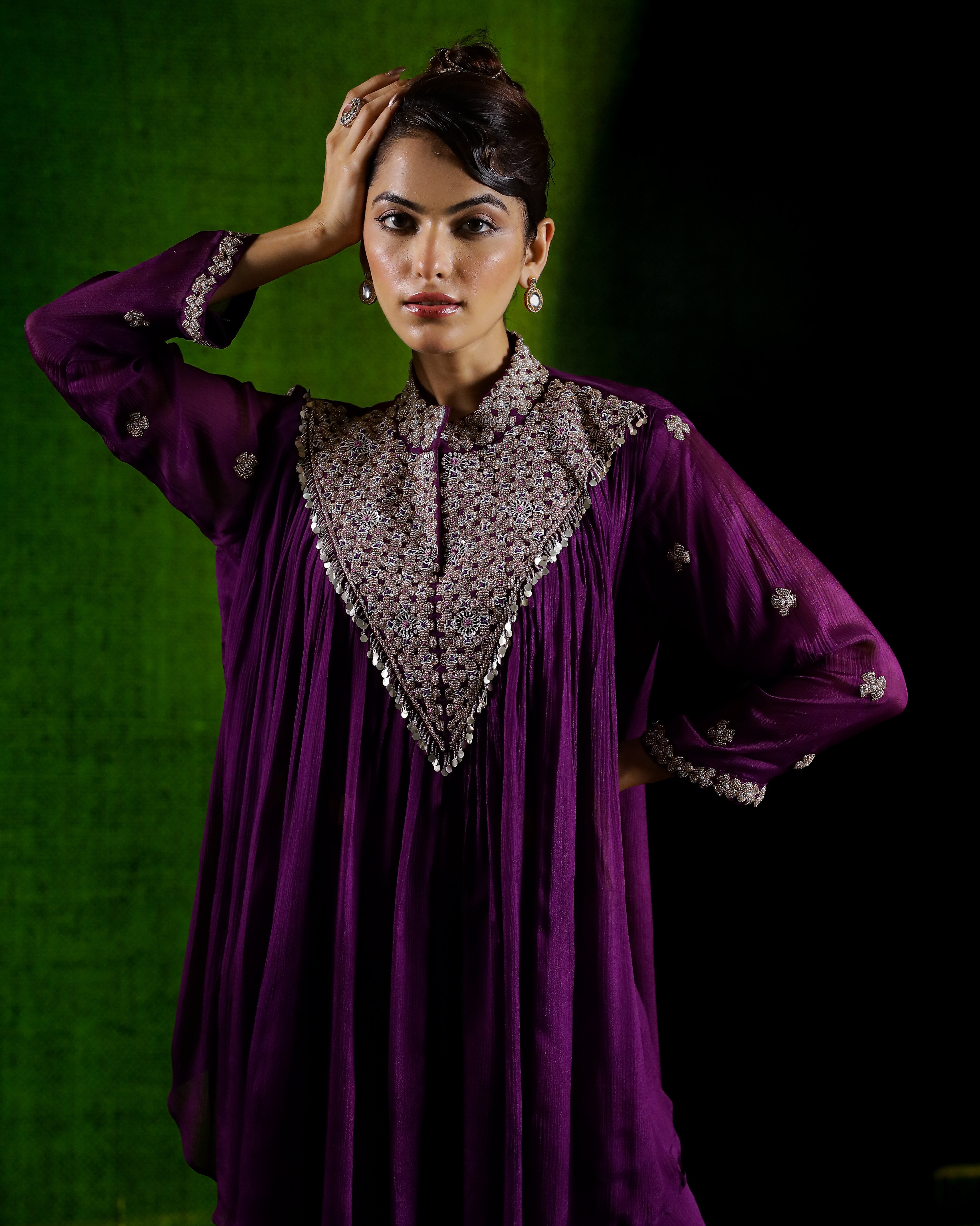 Purple Embellished Chinon Silk Kurta Set