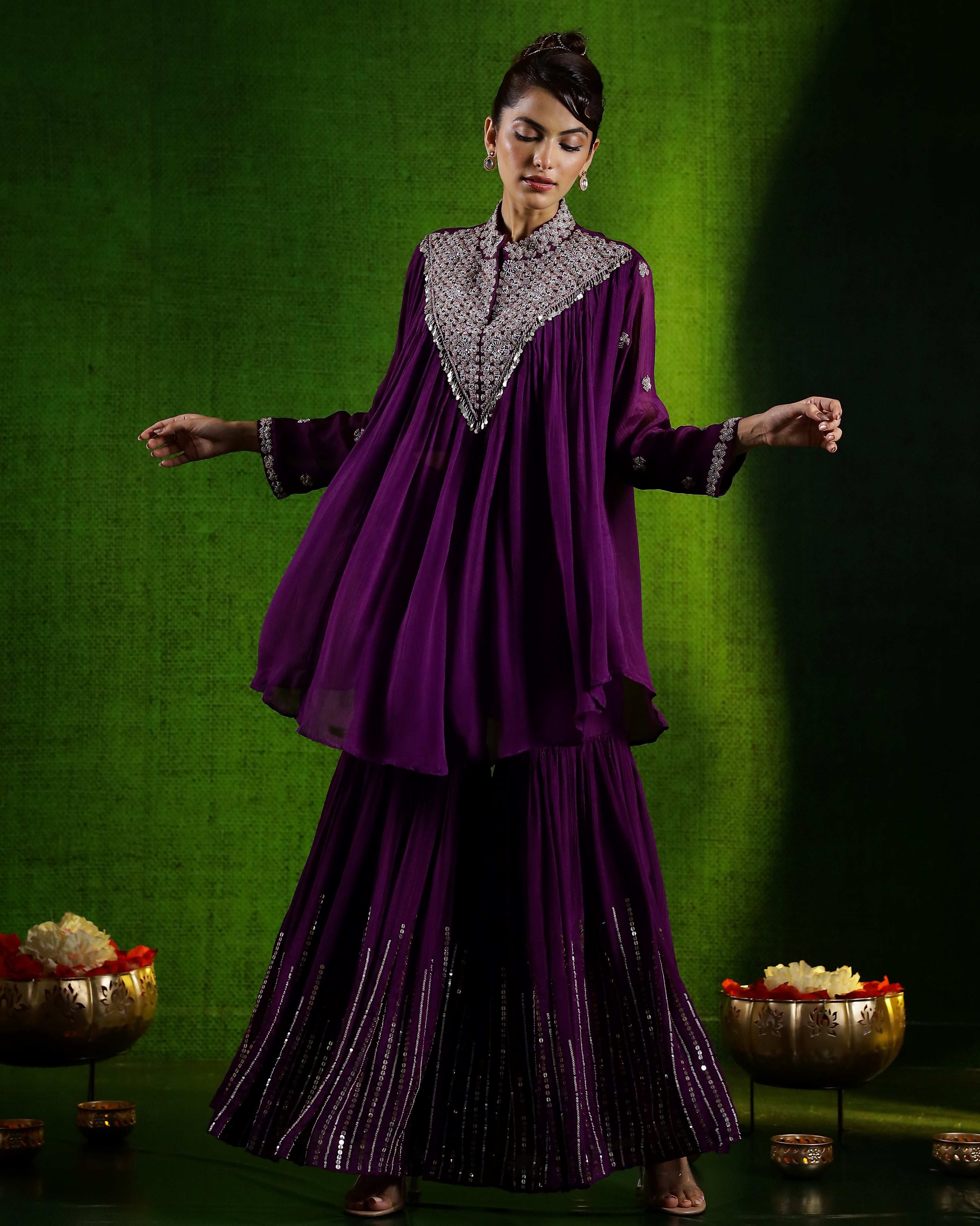 Purple Embellished Chinon Silk Kurta Set