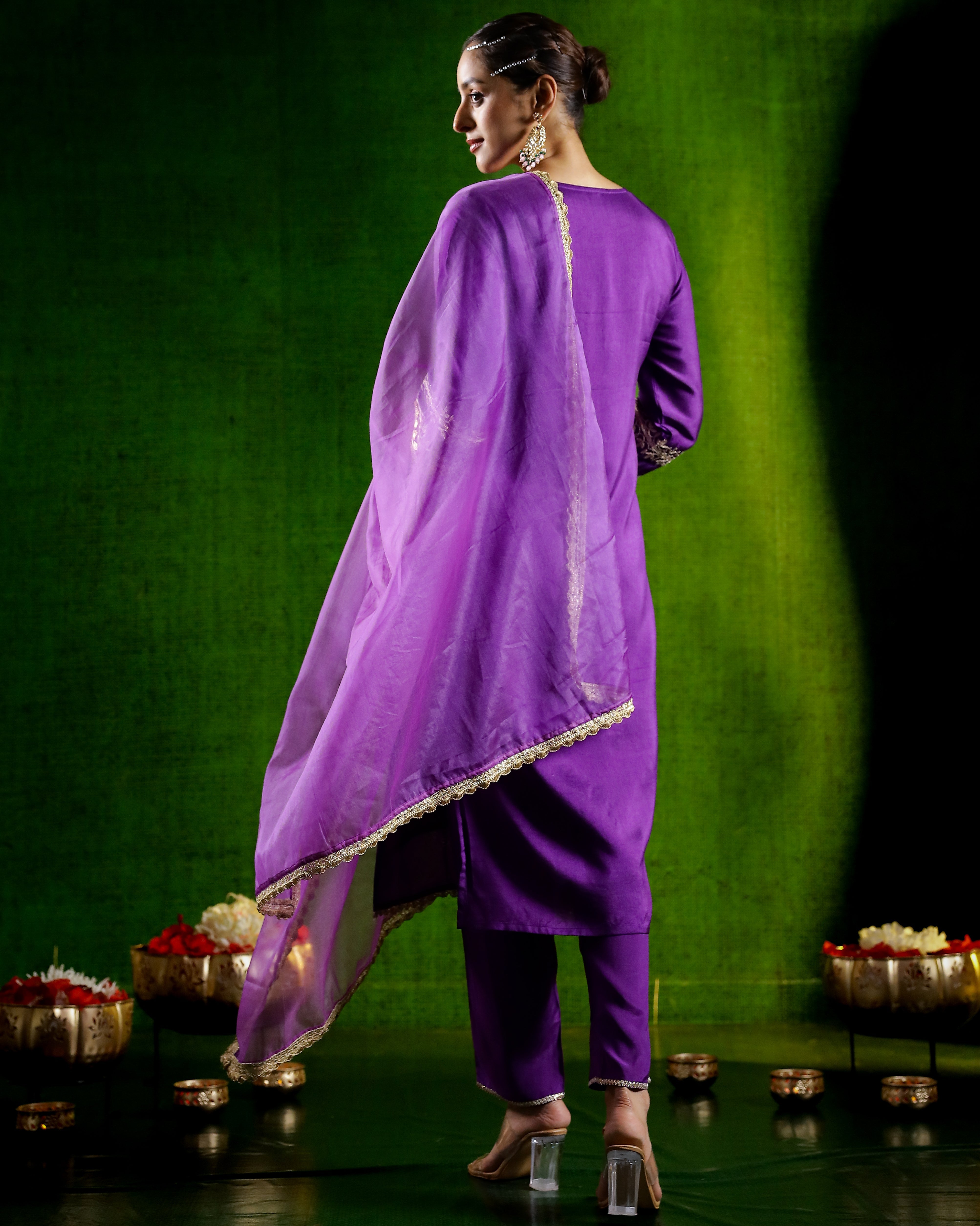 Purple Embroidered German Silk Pants Set