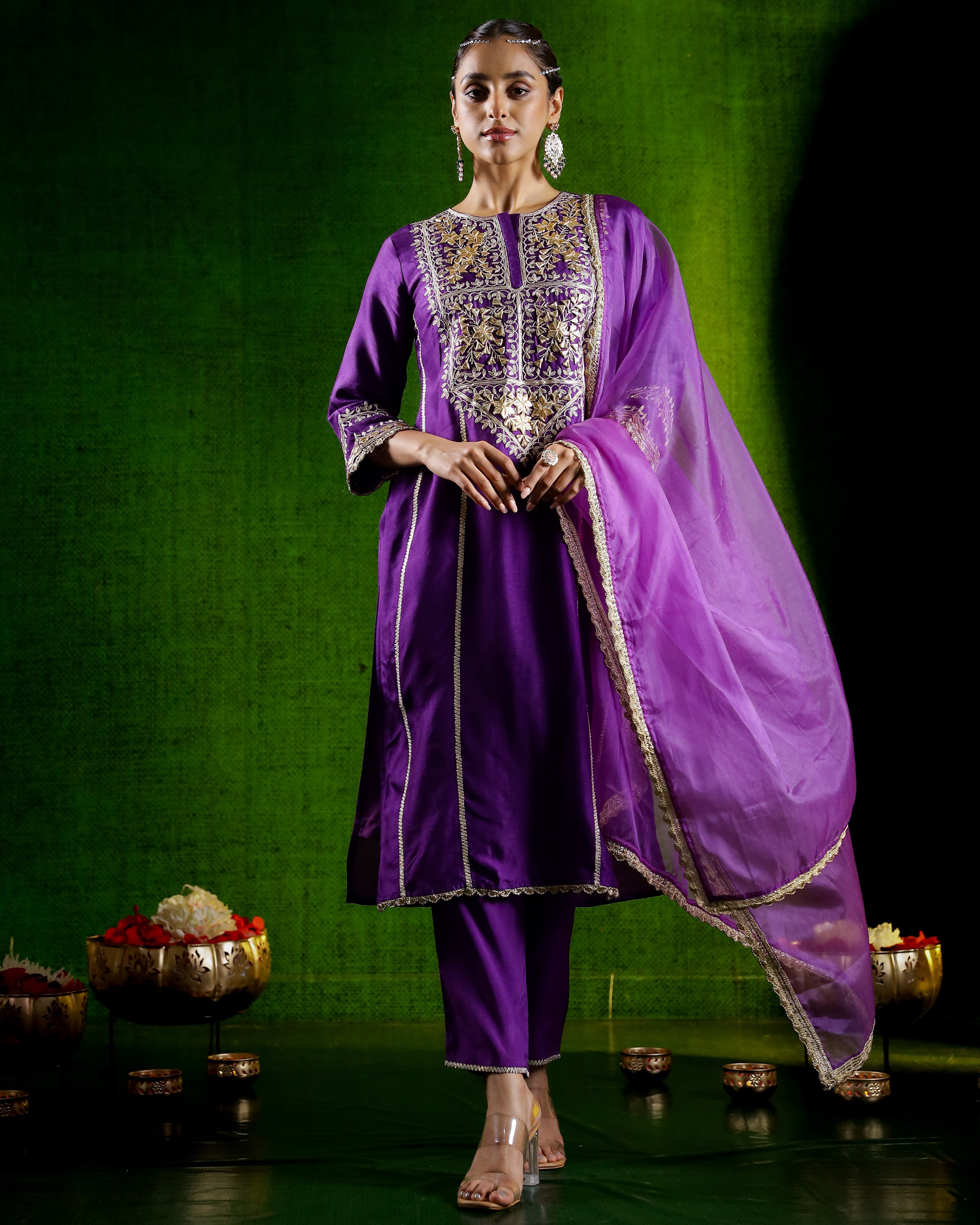 Purple Embroidered German Silk Pants Set