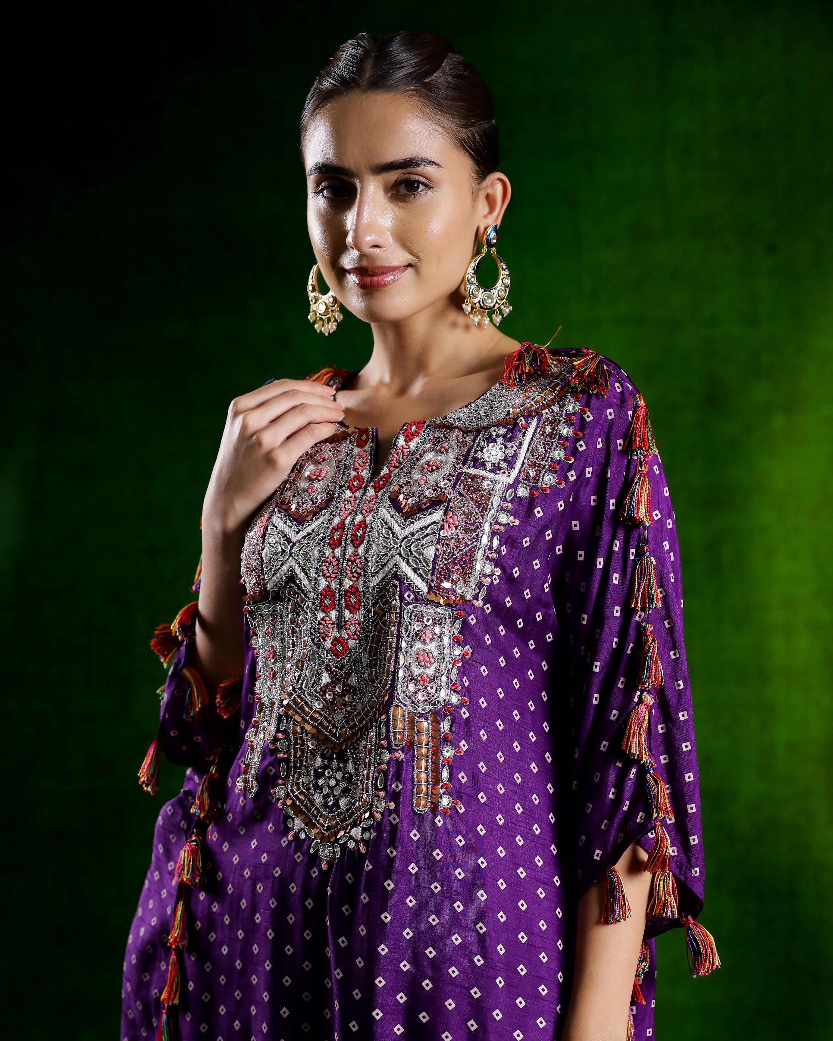 Purple Embellished Spanish Silk Kaftan Set