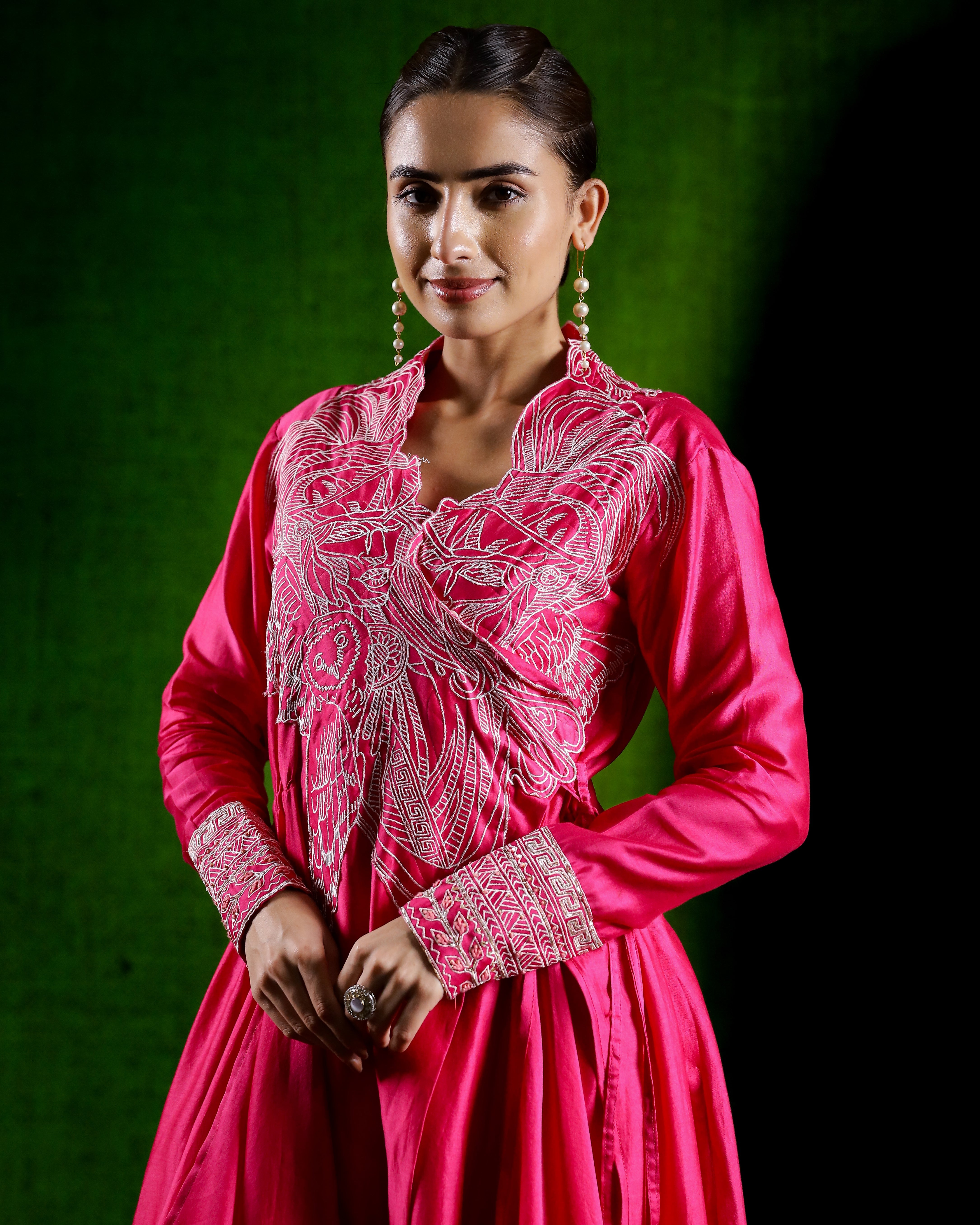 Rani Pink Embroidered Asymmetrical Tunic with Pants