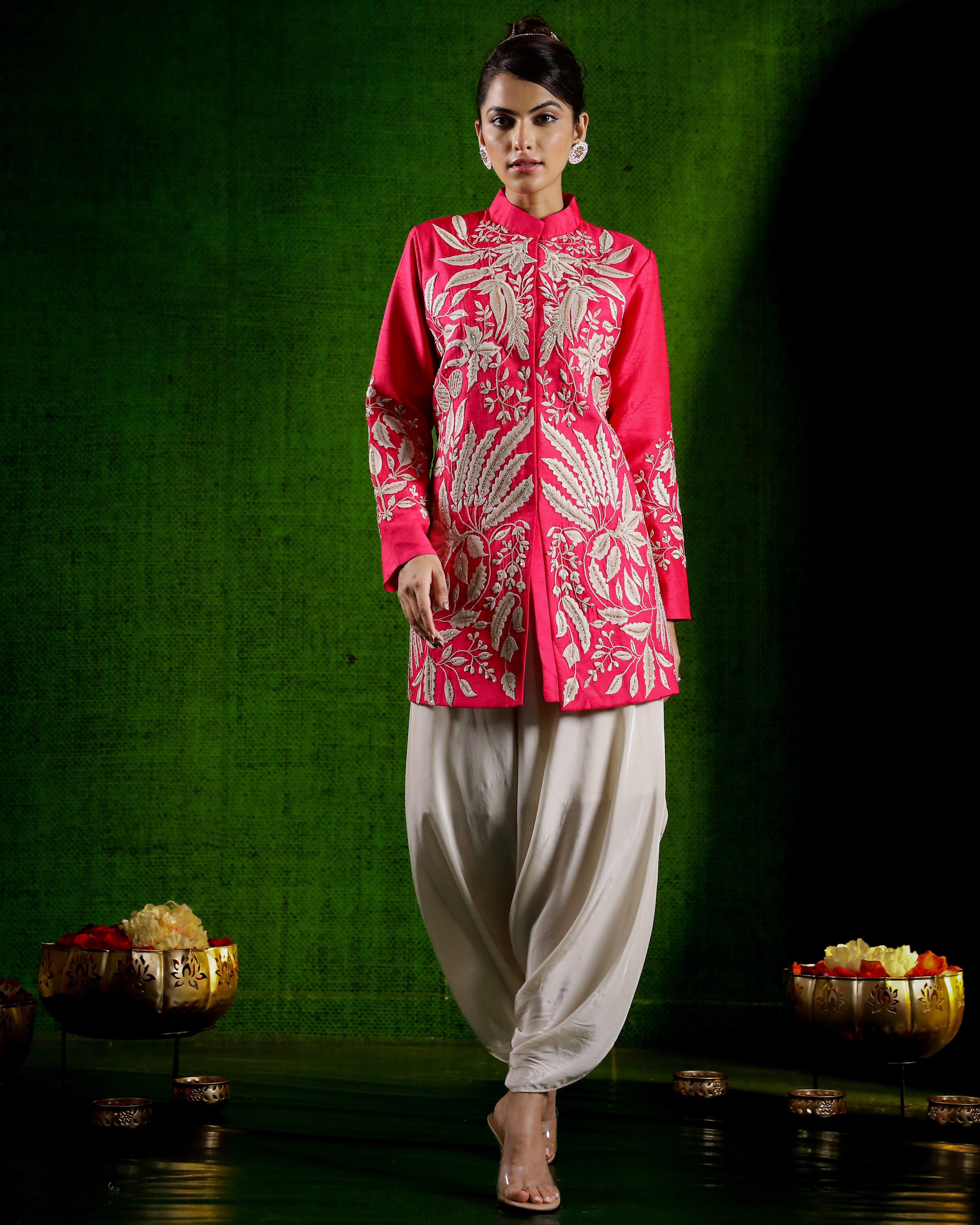 Rani Pink Embroidered Jacket with Cowl Pants