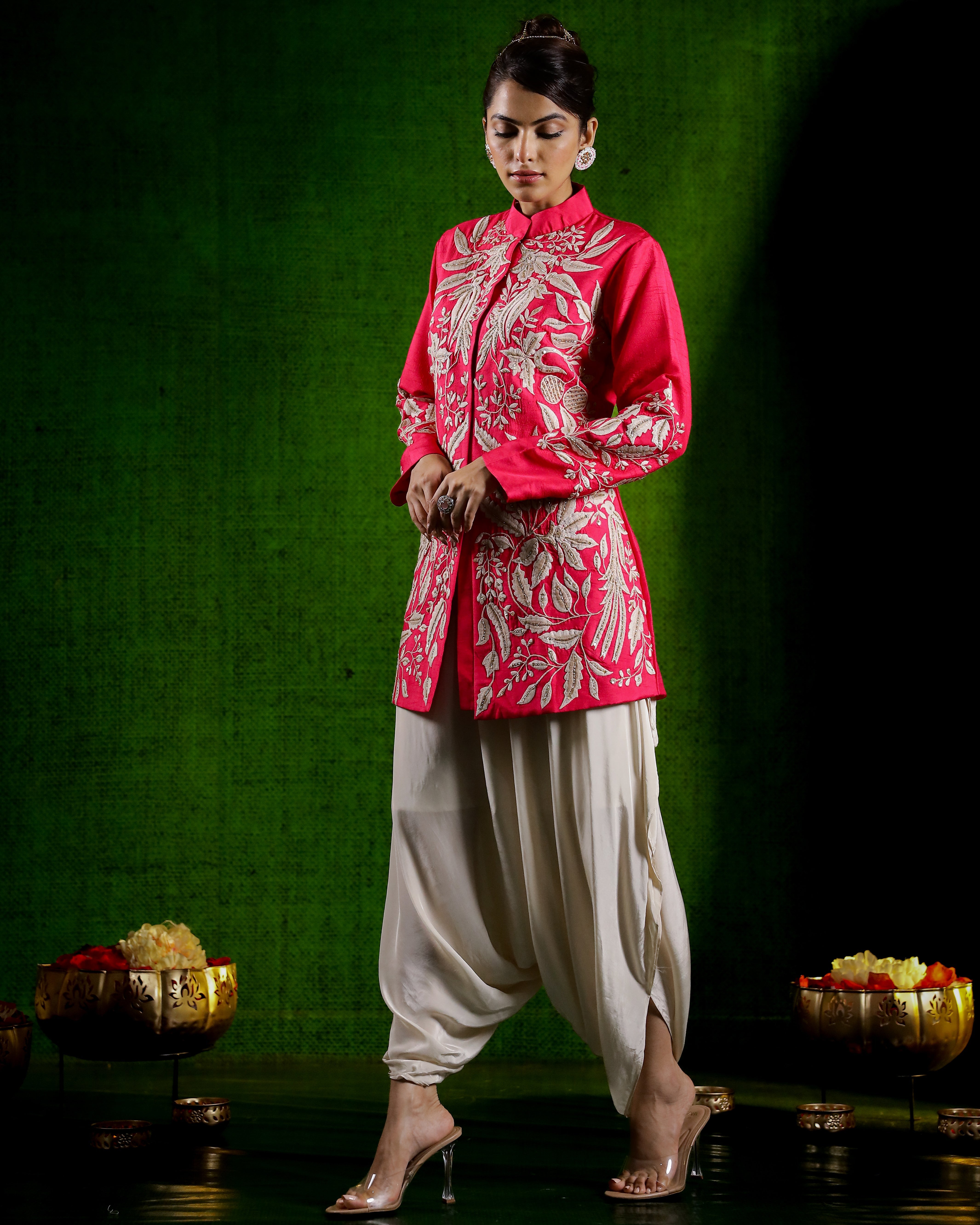 Rani Pink Embroidered Jacket with Cowl Pants