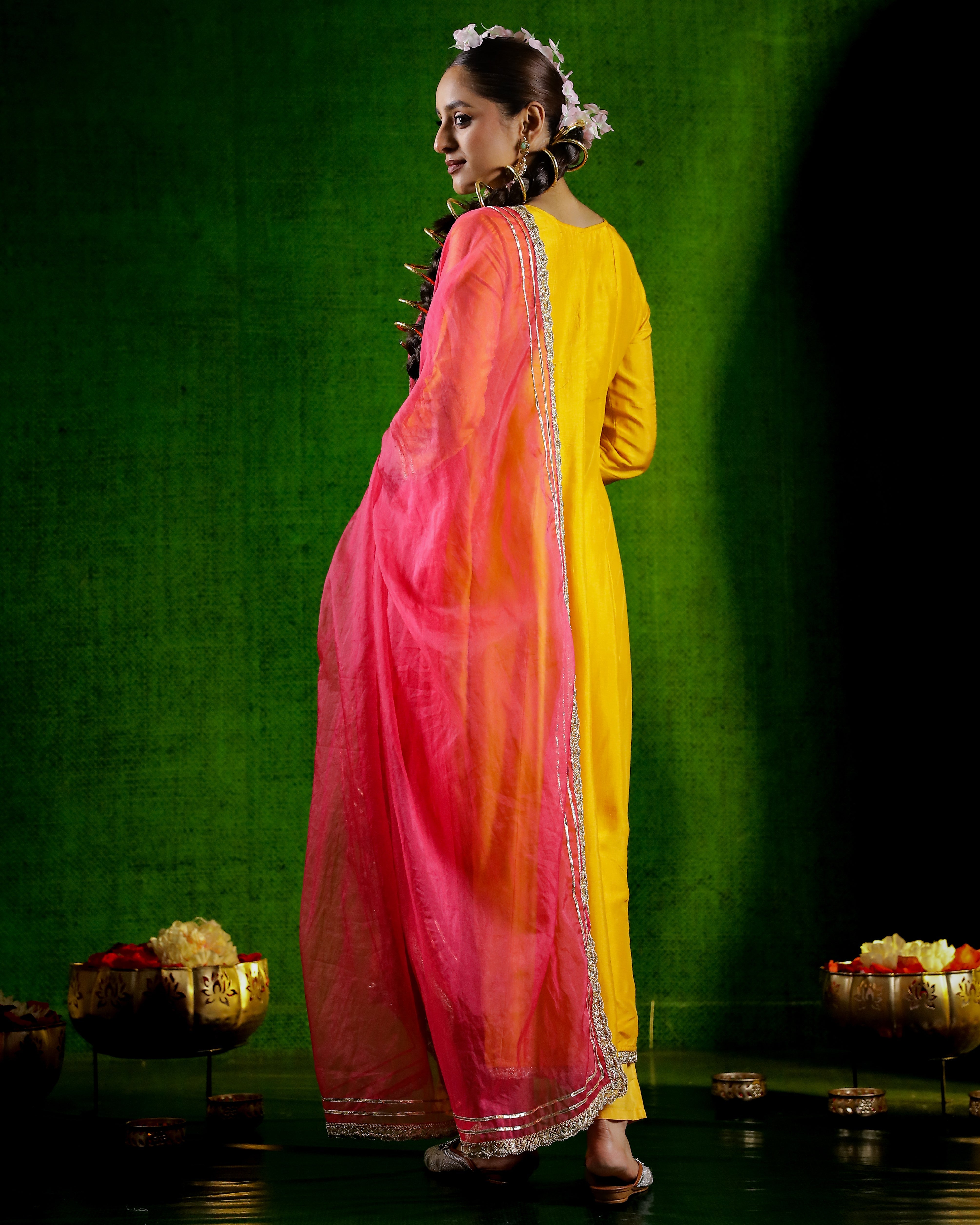 Festive Yellow Gotta Embroidered German Silk Anarkali Set