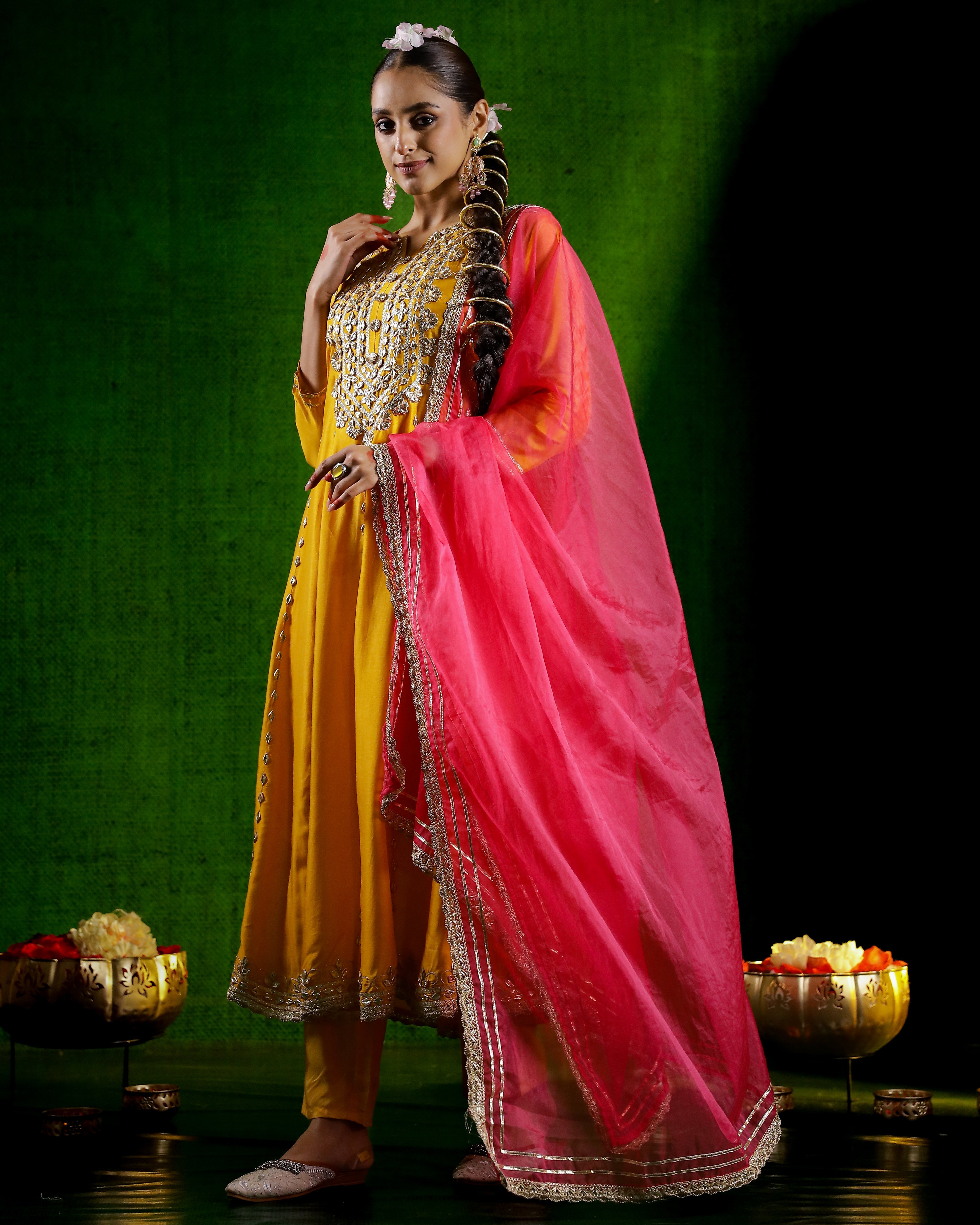 Festive Yellow Gotta Embroidered German Silk Anarkali Set