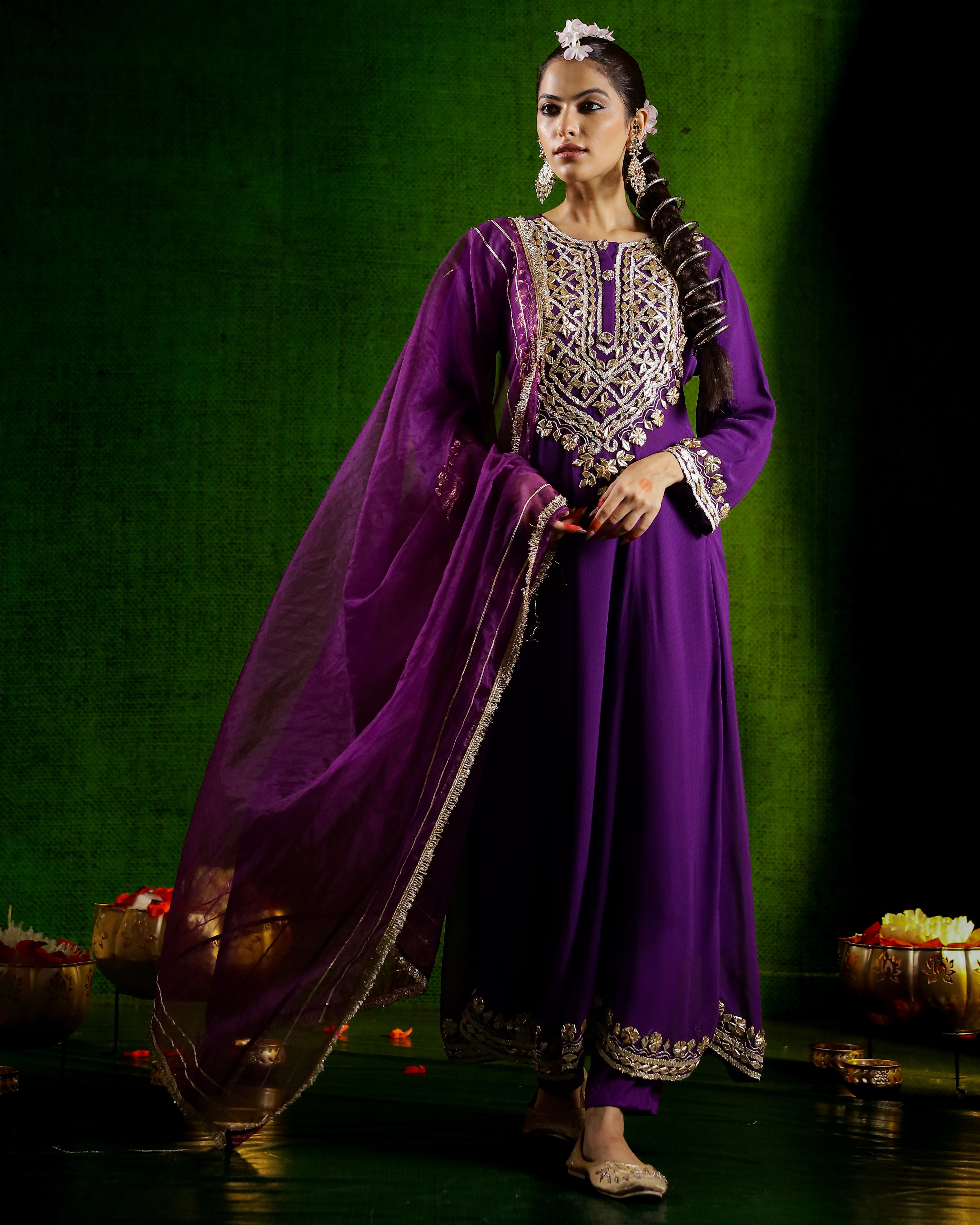 Purple Embroidered Georgette Silk Anarkali Set