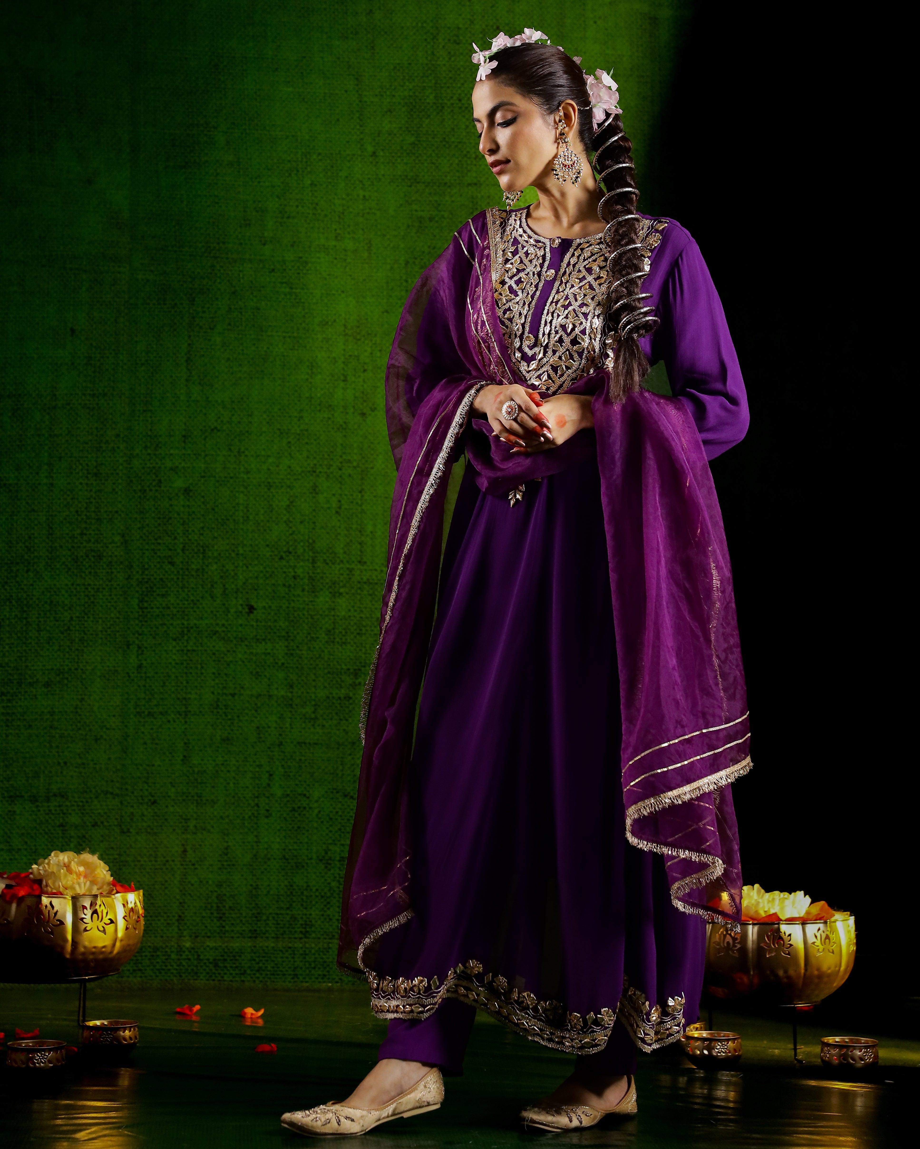 Purple Embroidered Georgette Silk Anarkali Set