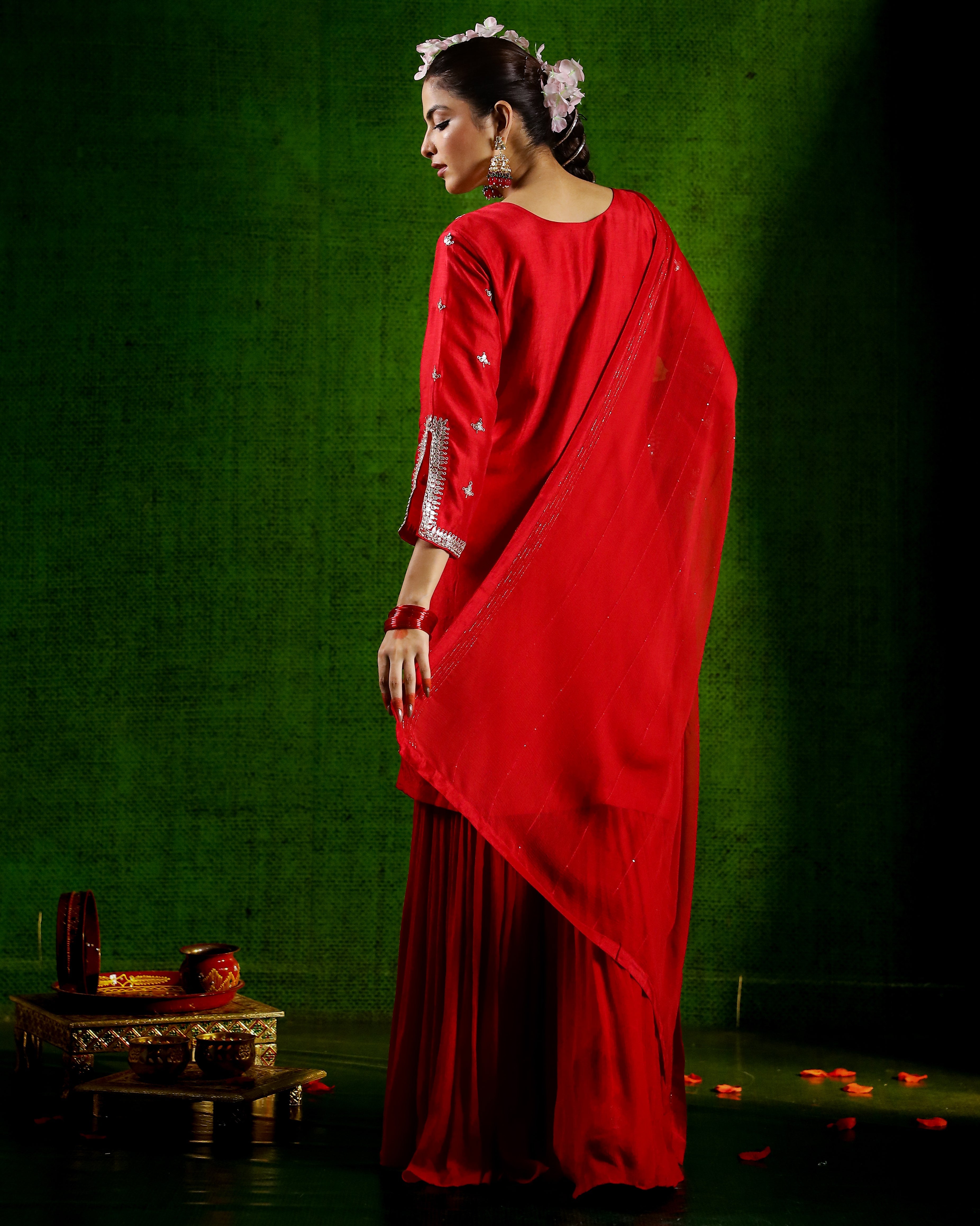 Red Embellished Raw Silk Sharara Set