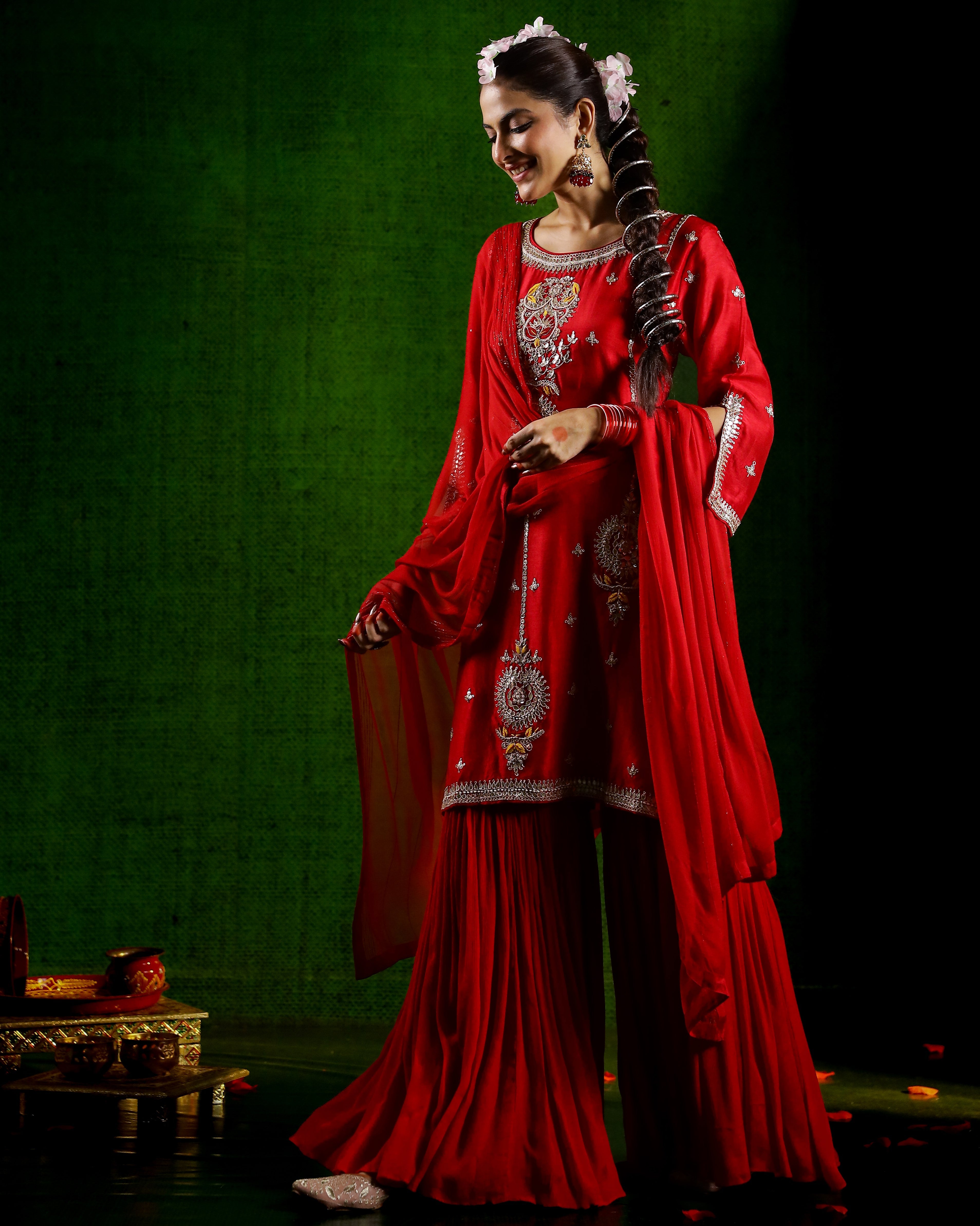 Red Embellished Raw Silk Sharara Set