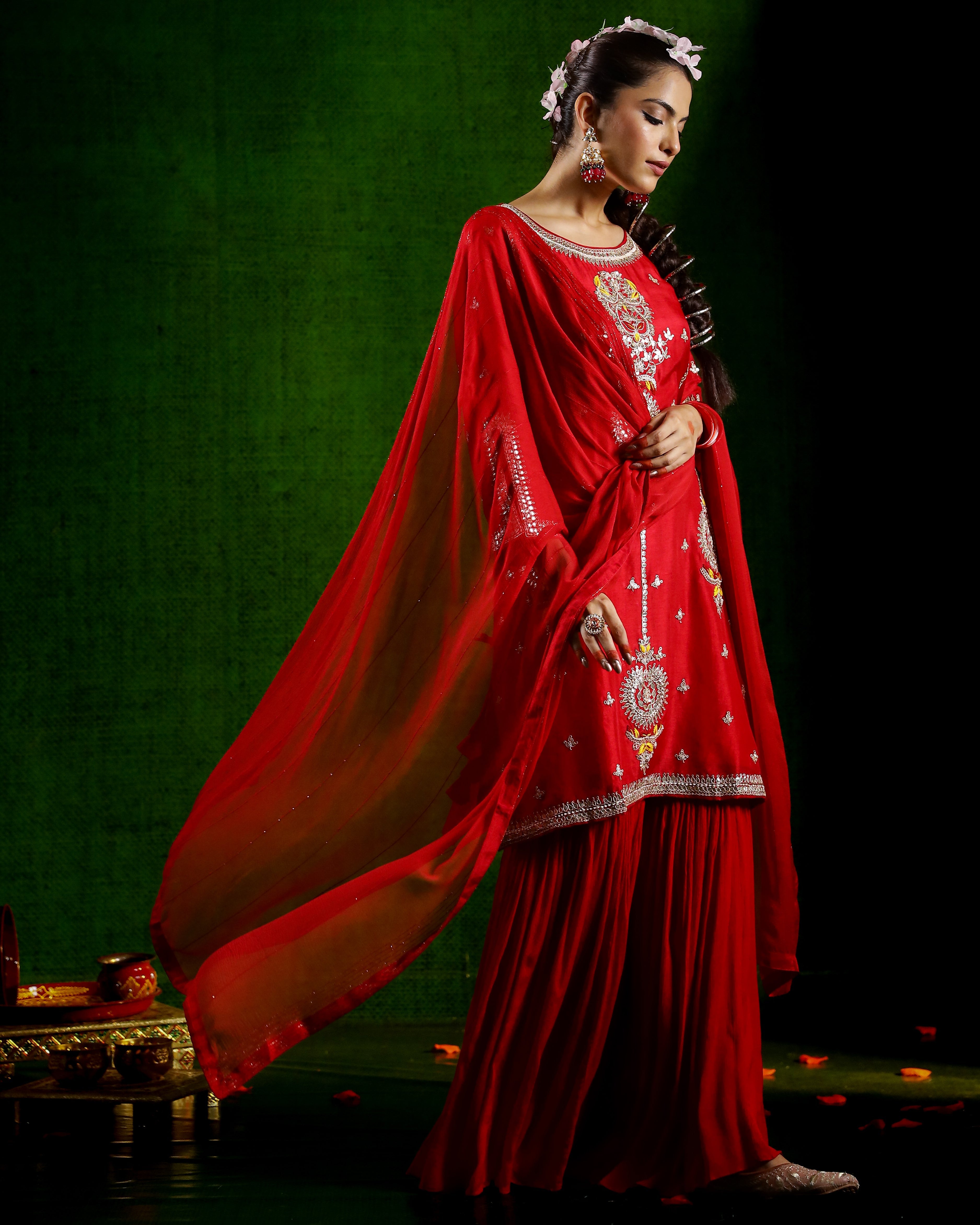 Red Embellished Raw Silk Sharara Set