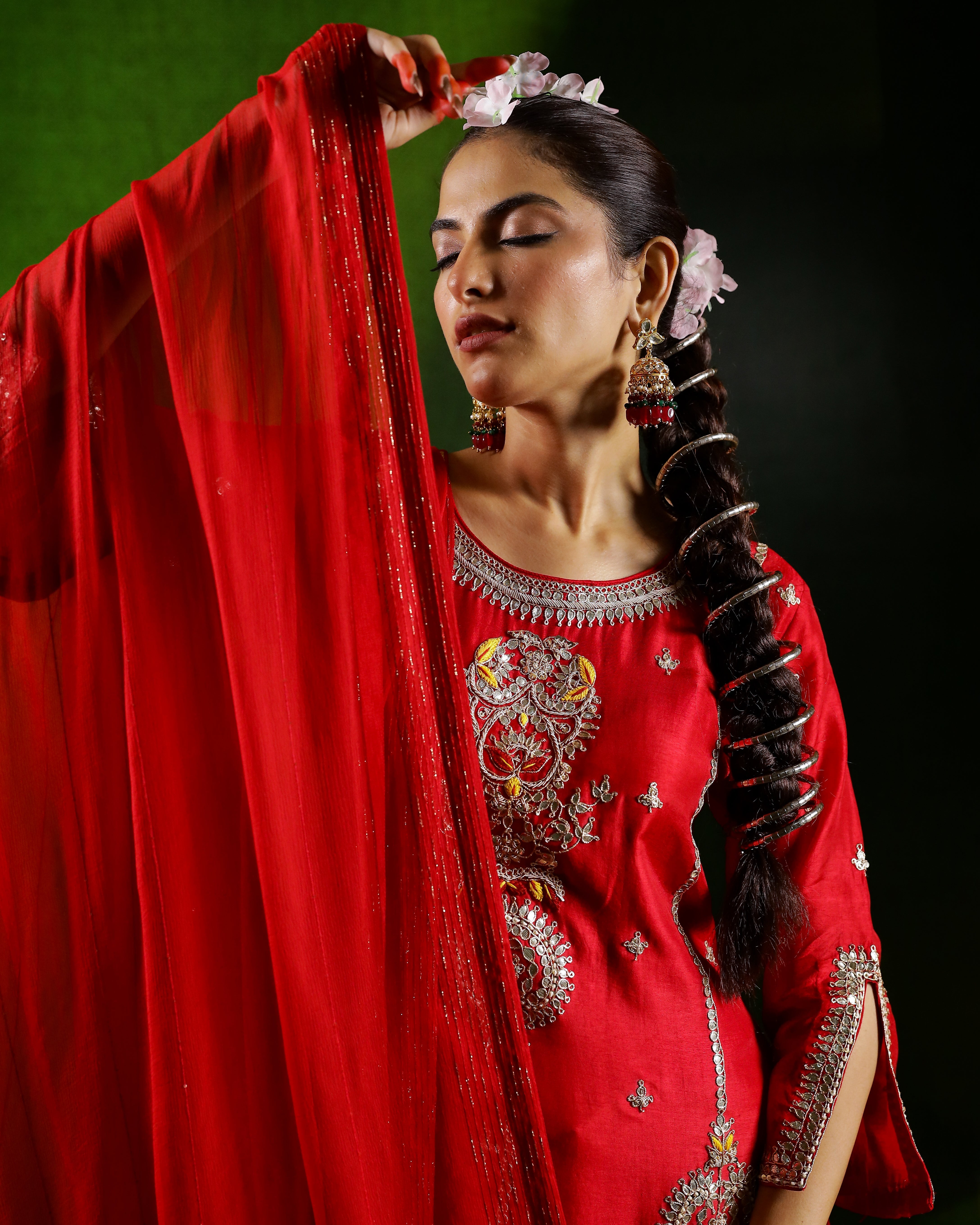 Red Embellished Raw Silk Sharara Set