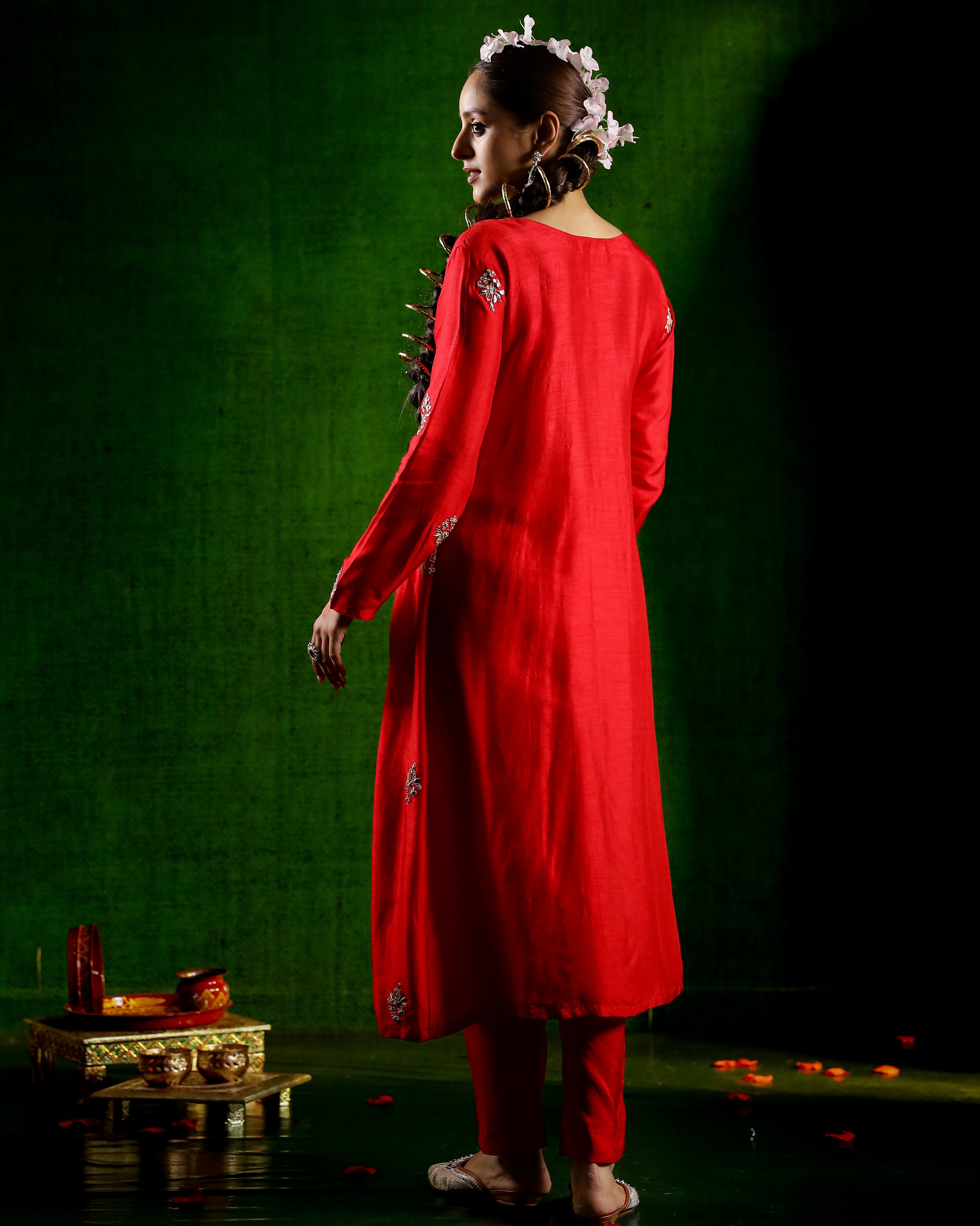 Red Embellished Belgium Silk Kurta Set