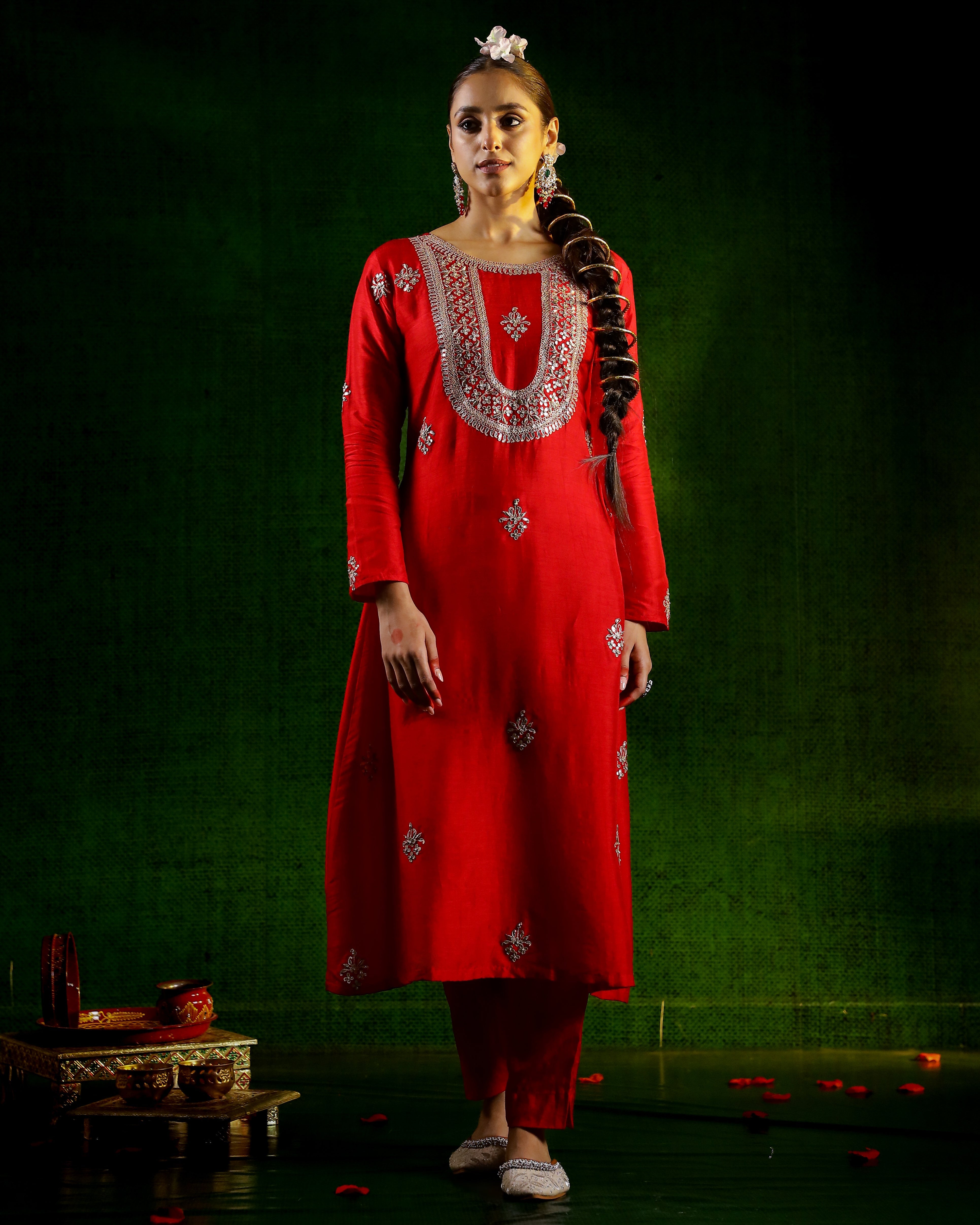 Red Embellished Belgium Silk Kurta Set