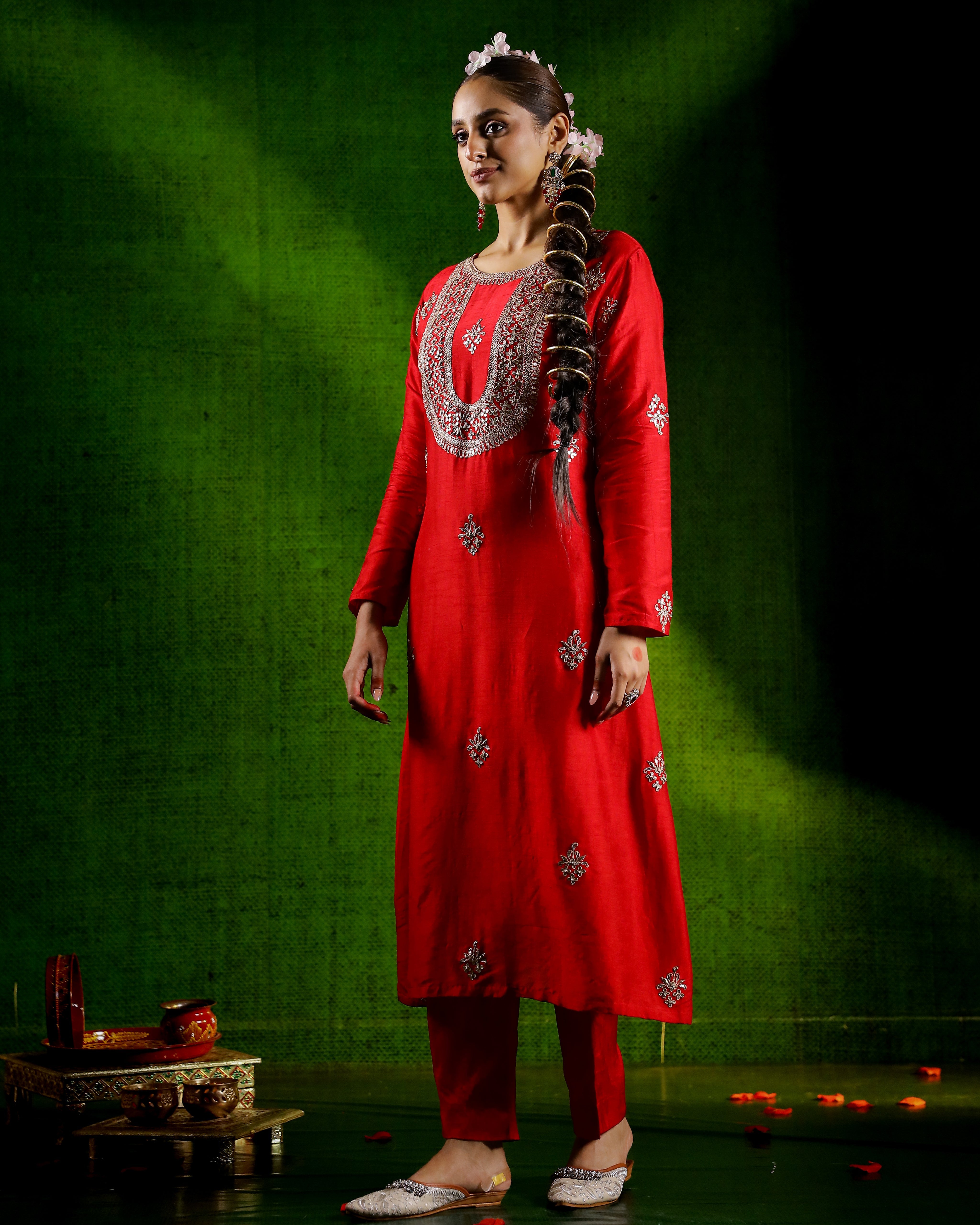 Red Embellished Belgium Silk Kurta Set