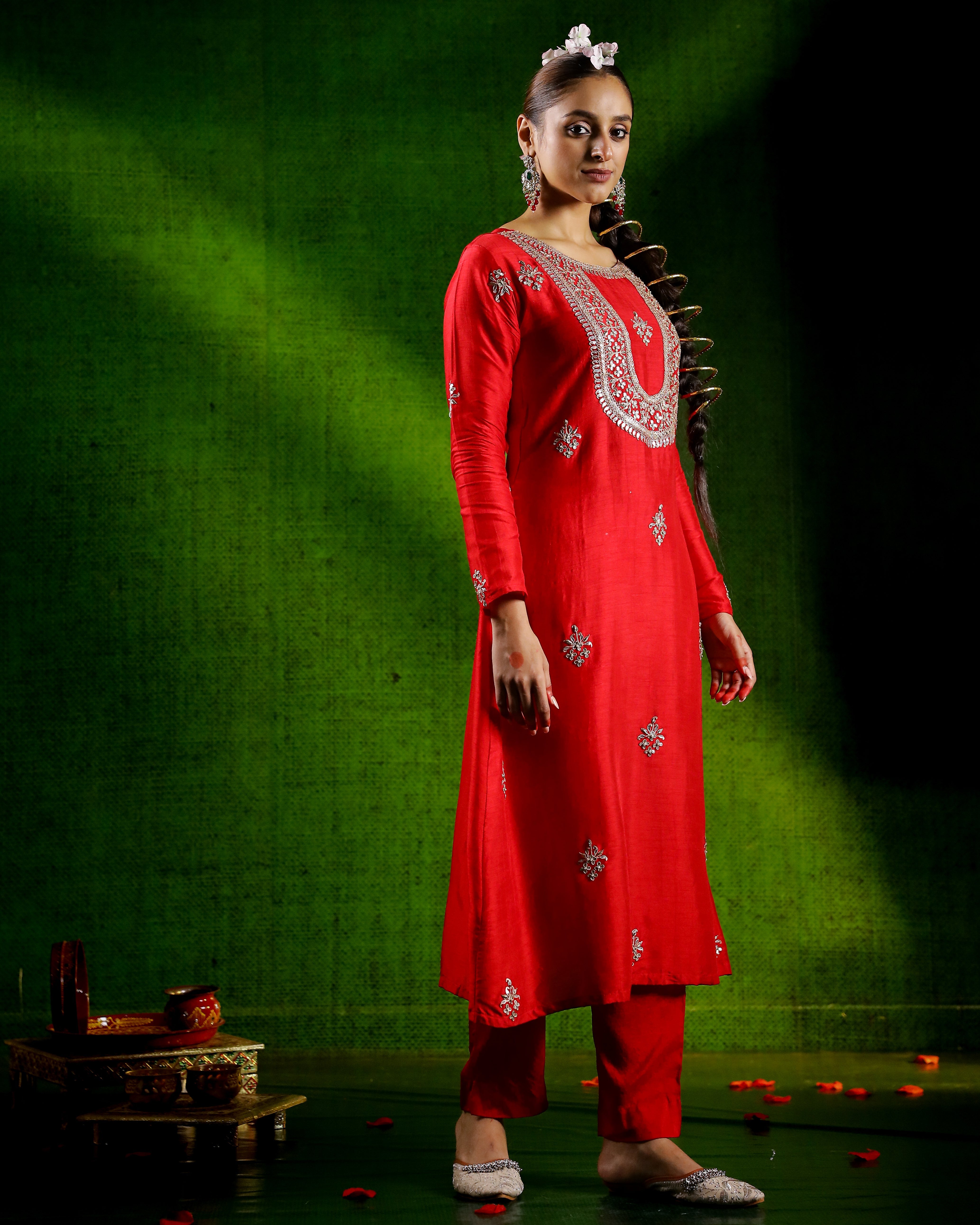 Red Embellished Belgium Silk Kurta Set