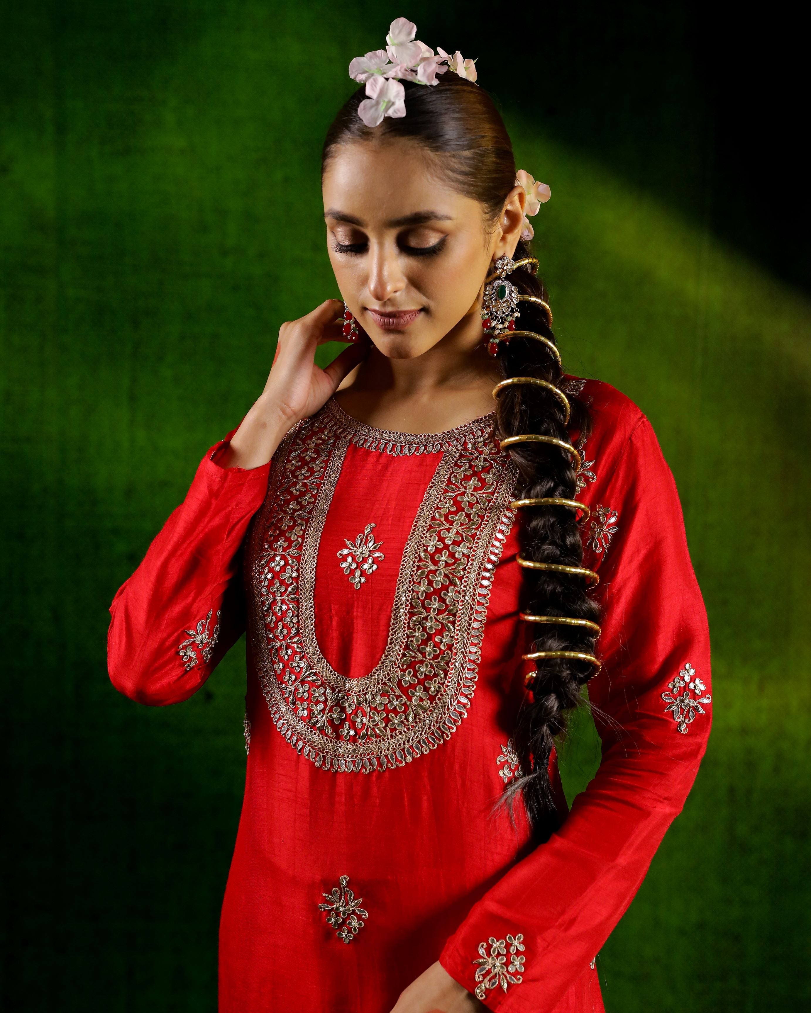 Red Embellished Belgium Silk Kurta Set