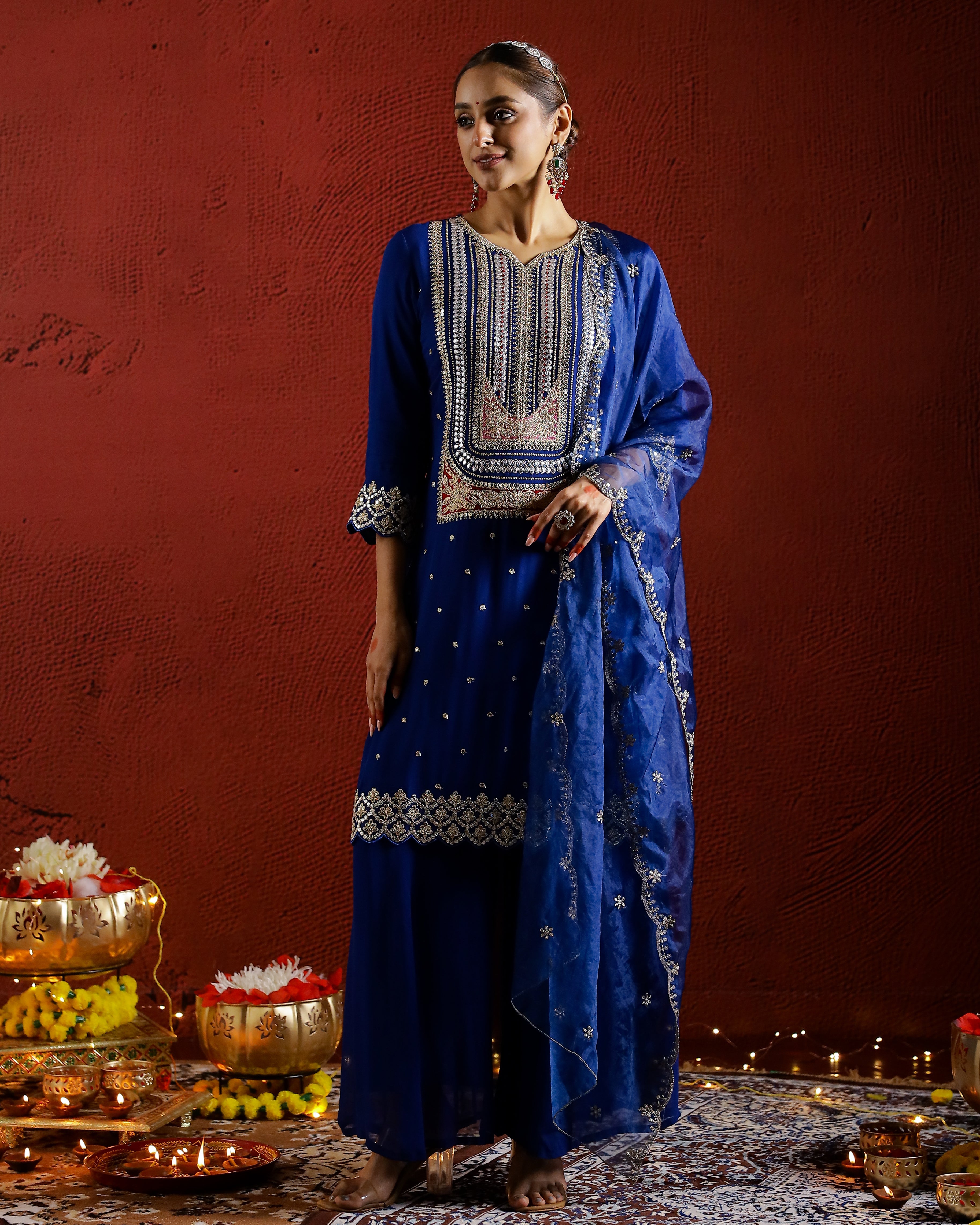 Blue Embroidered Georgette Silk Palazzo Set