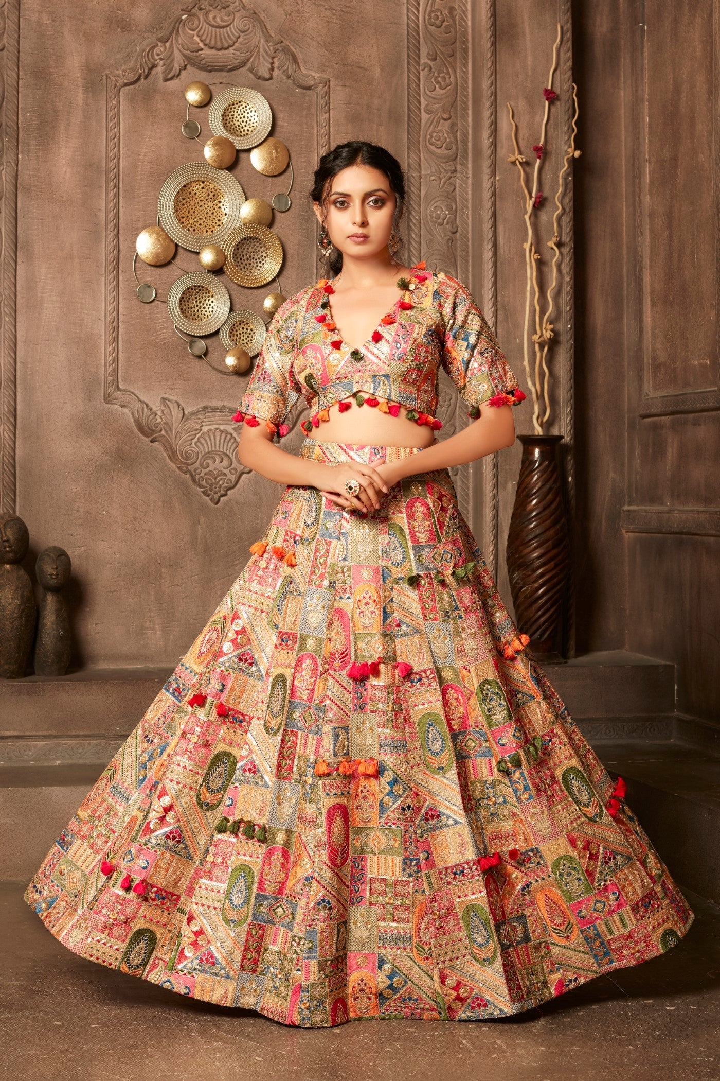 Golden Heavy Embroidered Brocade Silk Lehenga