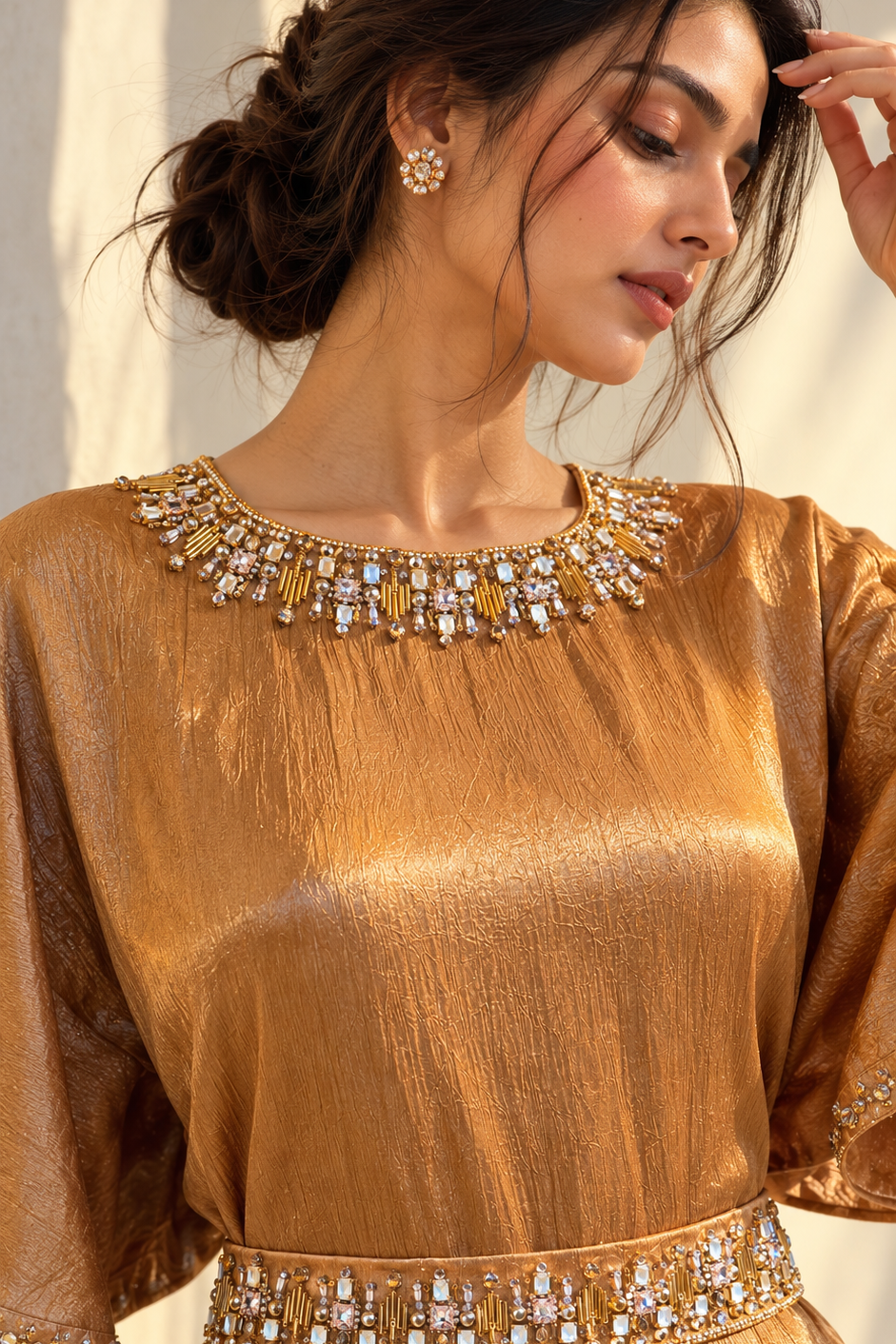 Jeweled Gold Embellished Premium Satin Gown
