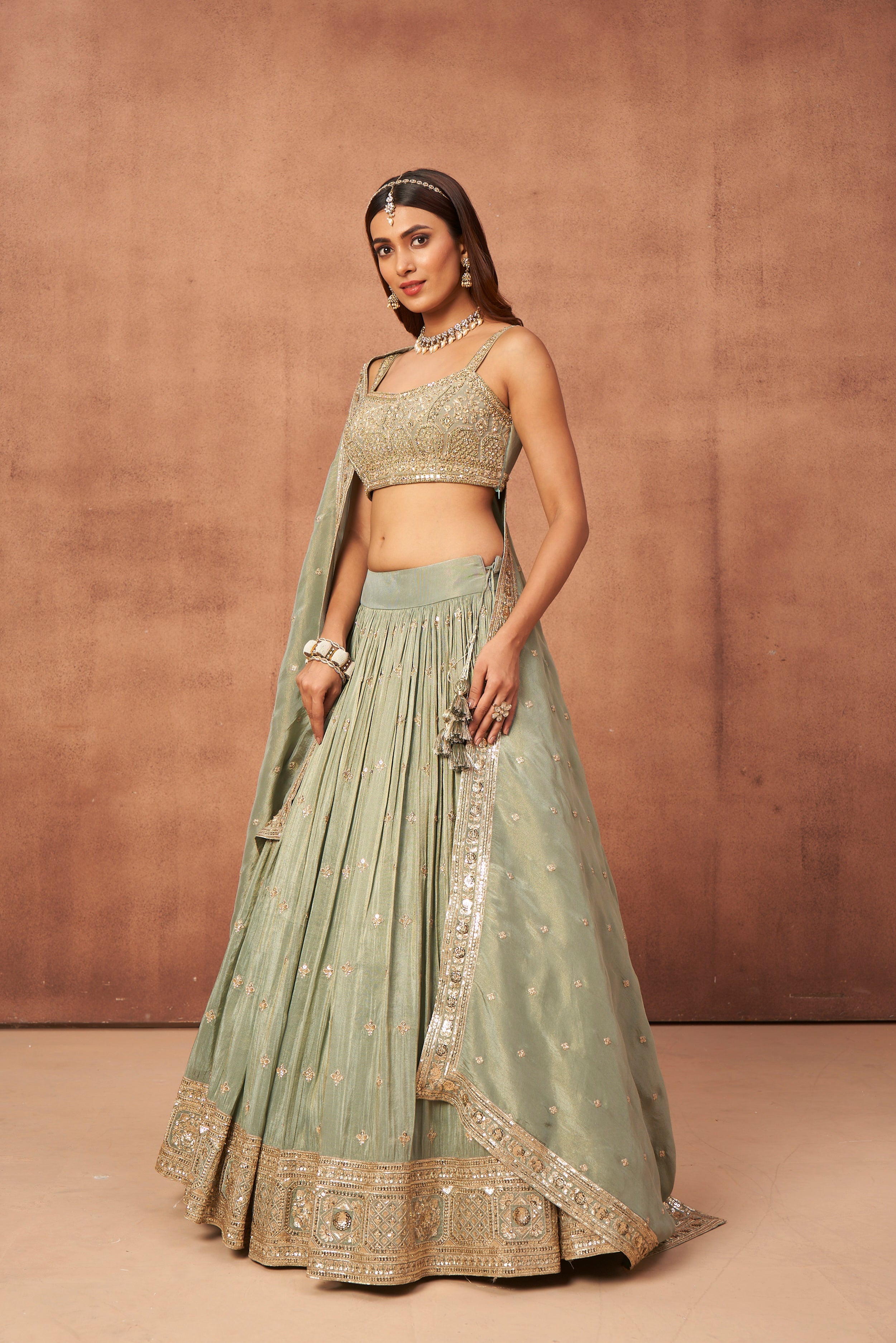 Sage Green Embroidered Crepe Silk Lehenga Set